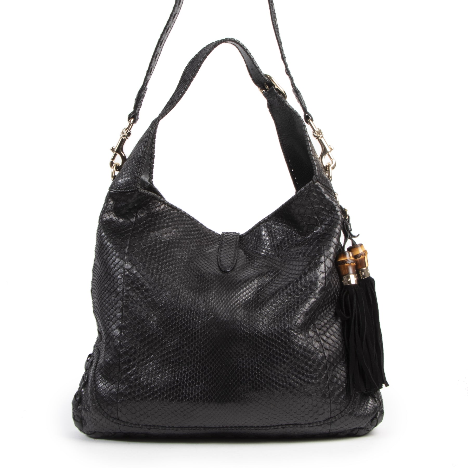 Authentieke Tweedehands Gucci Black Python Jackie Hobo Leather Bag juiste prijs veilig online shoppen luxe merken webshop winkelen Antwerpen België mode fashion