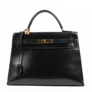 Hermès 1960s Vintage Kelly 32 Black Box Gold Hardware