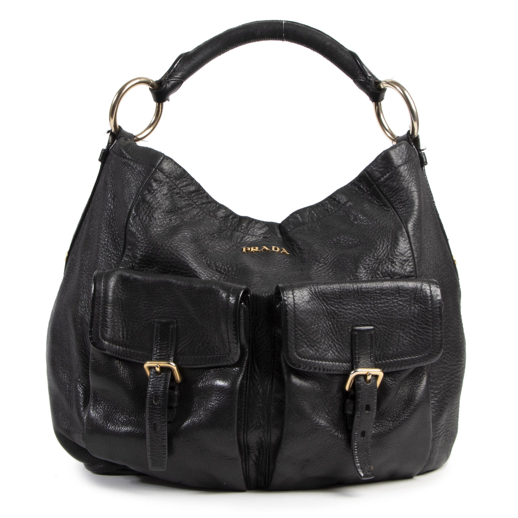Authentic secondhand Prada Black Leather Shoulder Bag designer bags fashion luxury vintage webshop safe secure online shopping high end designer brands