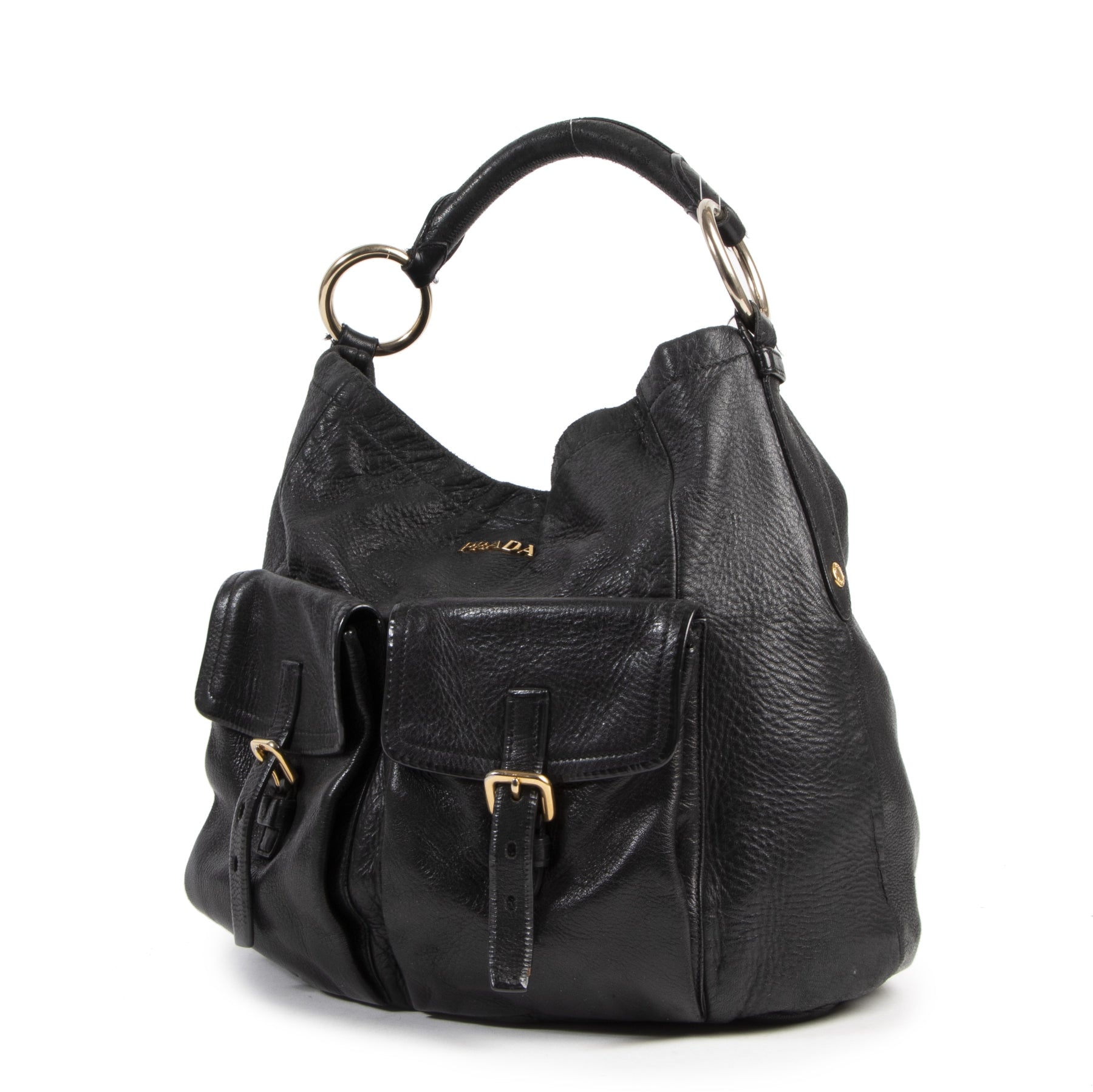 Authentieke Tweedehands Prada Black Leather Shoulder Bag juiste prijs veilig online shoppen luxe merken webshop winkelen Antwerpen België mode fashion