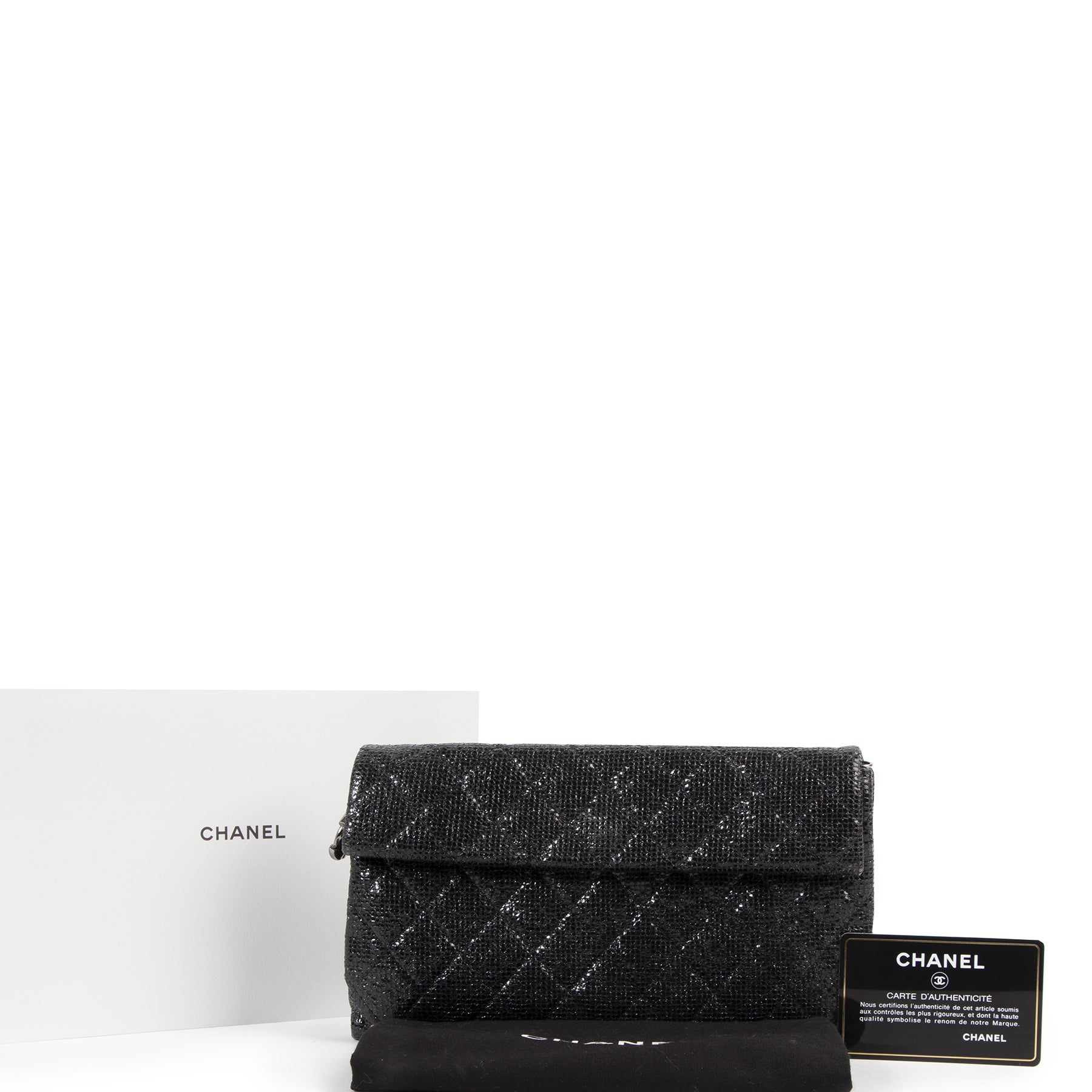 Authentieke Tweedehands Chanel Black Quilted Glitter Clutch juiste prijs veilig online shoppen luxe merken webshop winkelen Antwerpen België mode fashion