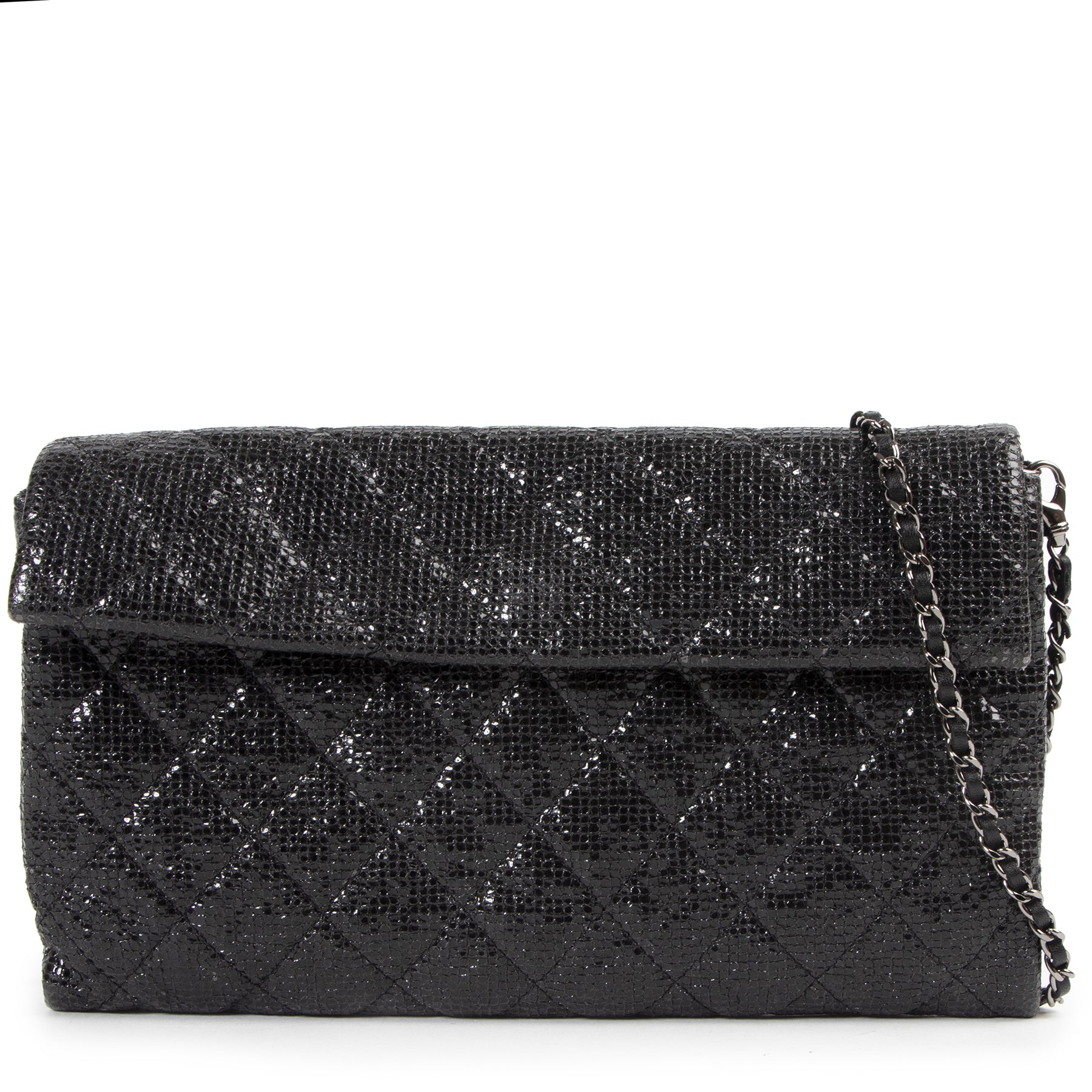 Authentieke Tweedehands Chanel Black Quilted Glitter Clutch juiste prijs veilig online shoppen luxe merken webshop winkelen Antwerpen België mode fashion