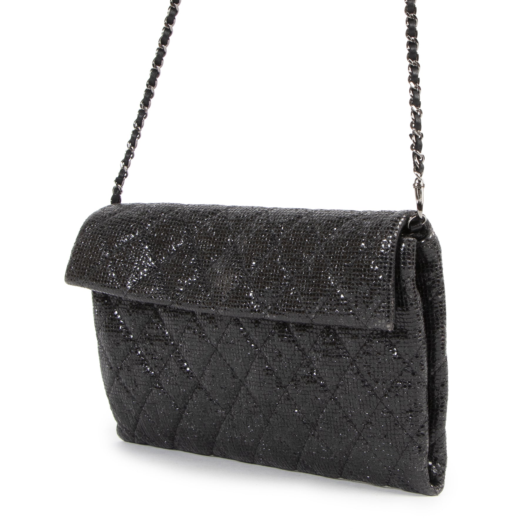 Authentic secondhand Chanel Black Quilted Glitter Clutch designer bags fashion luxury vintage webshop safe secure online shopping