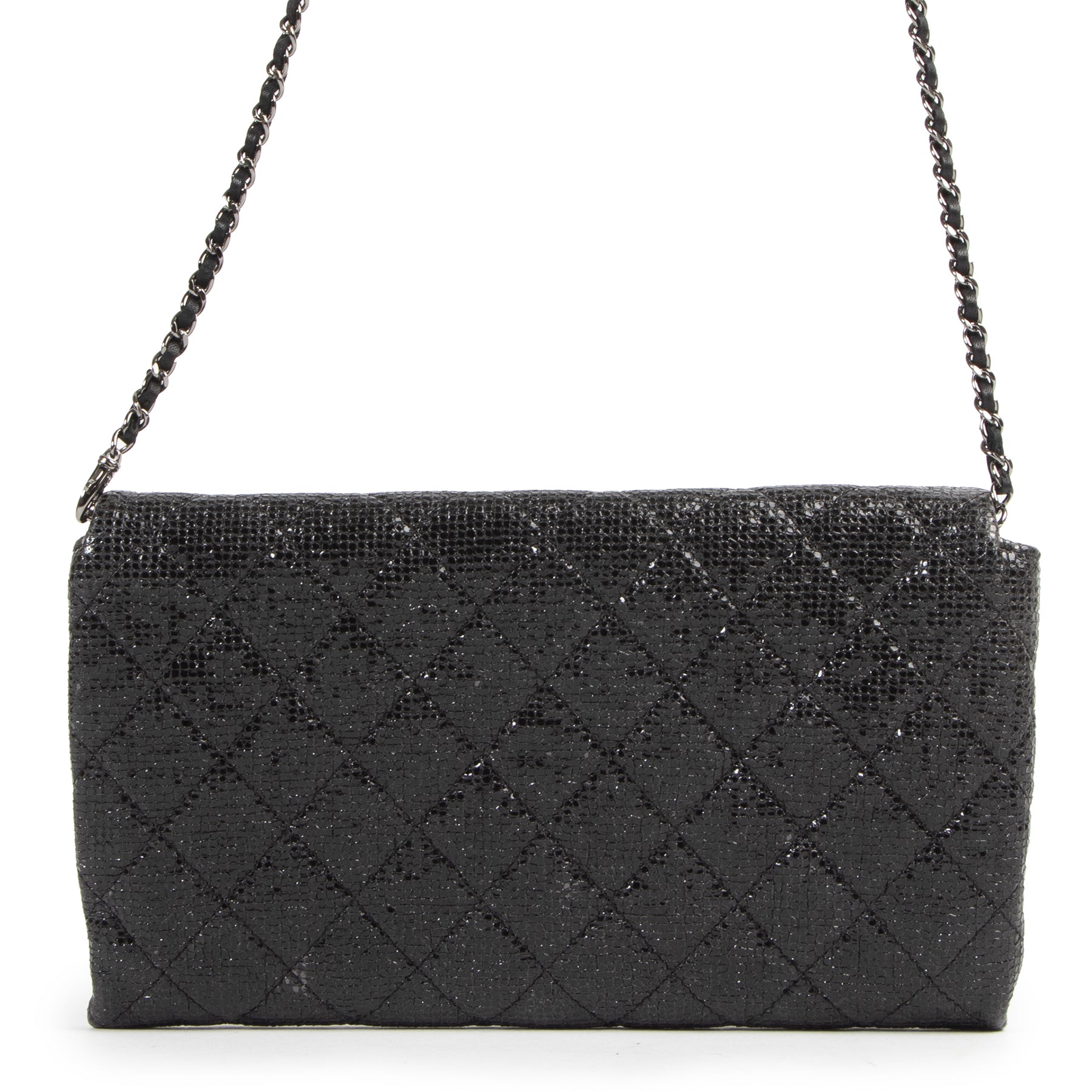 Authentic secondhand Chanel Black Quilted Glitter Clutch designer bags fashion luxury vintage webshop safe secure online shopping