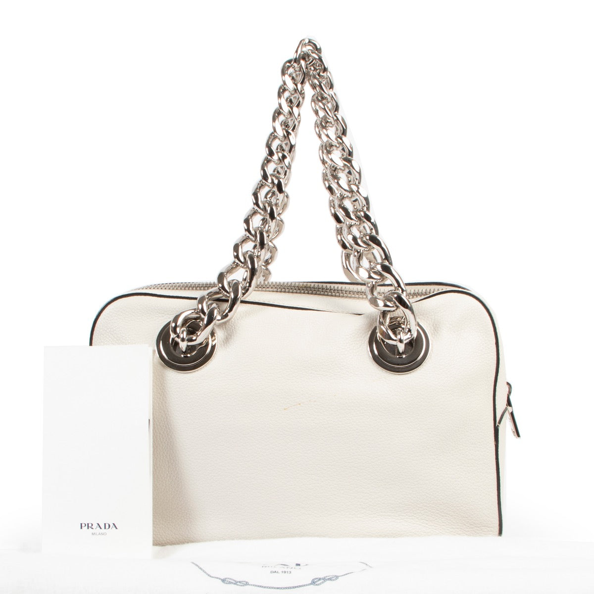 Prada White Leather Chain Top handle in good condition on Labellov vintage luxury site with good price