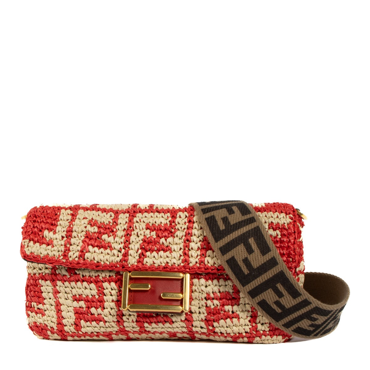 Shop authentic second hand Fendi Red FF Logo Raffia Baguette Bag on Labellov.com