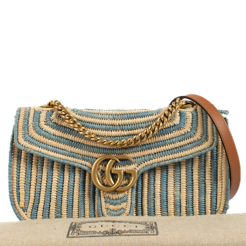 Koop preloved Gucci Beige Raffia GG Marmont Shoulder Bag met grote korting en in soldenprijzen bij Labellov luxe in Antwerpen en een winkel in Knokke.