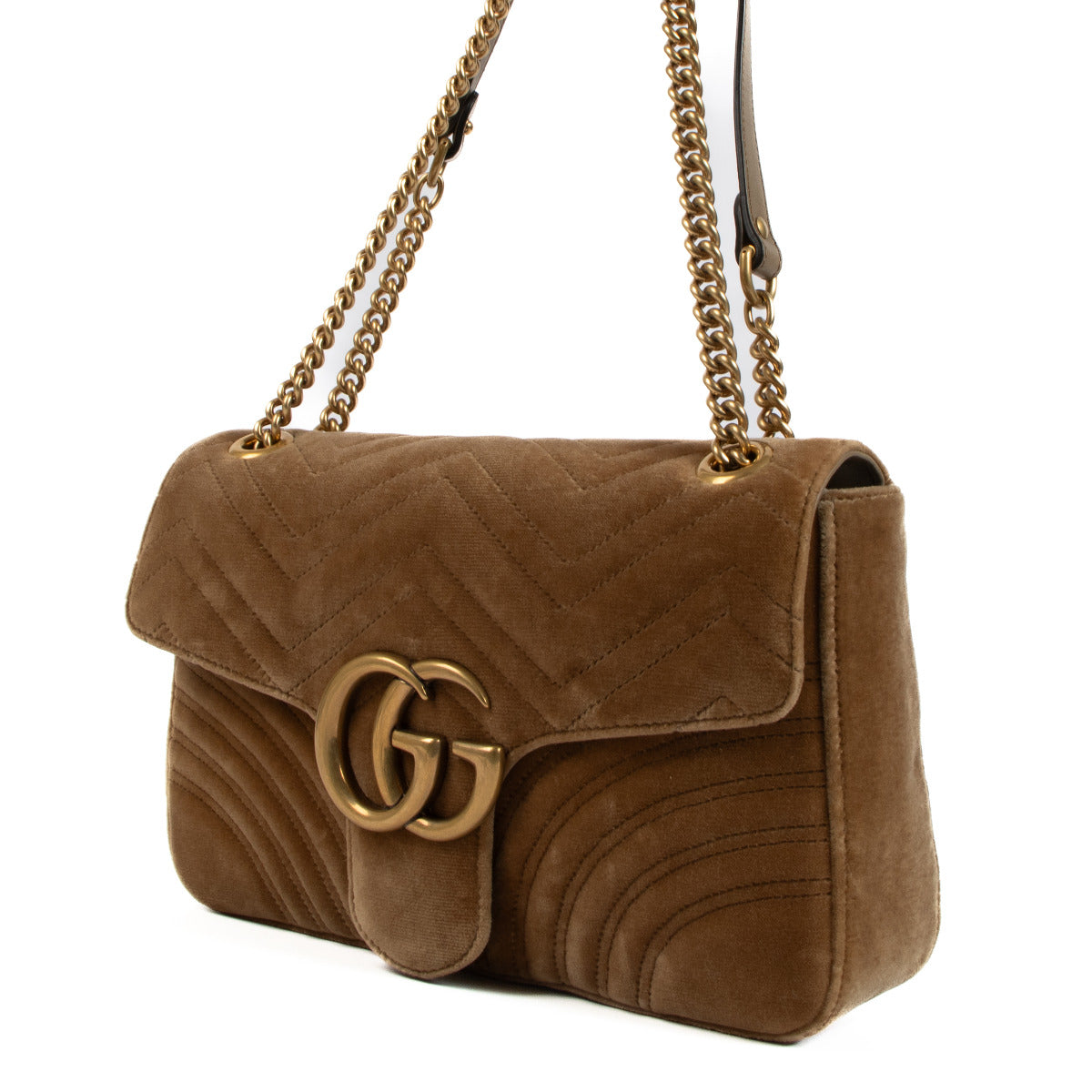 Ben jij op zoek naar een authentieke designer Gucci Taupe Velvet GG Marmont Medium Bag?