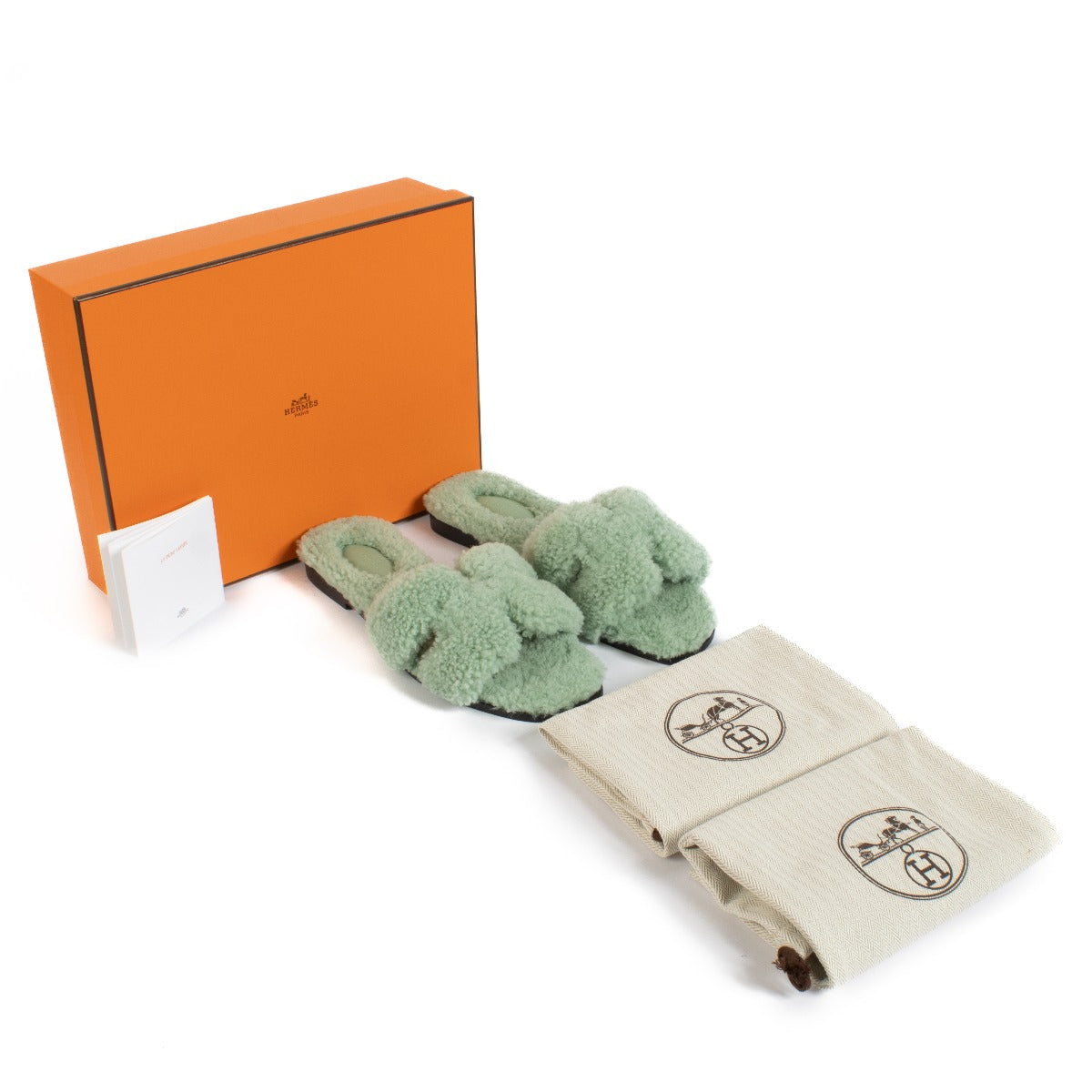 Hermès Vert d'Eau Shearling Oran Sandals