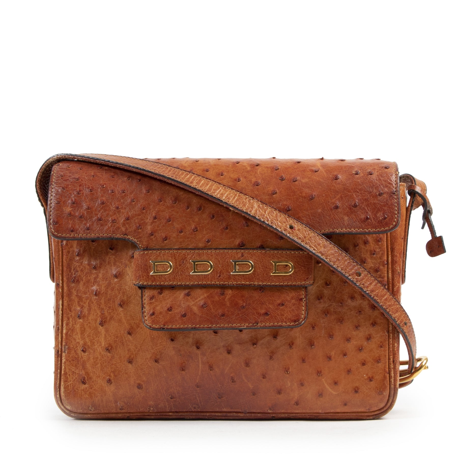 Authentic secondhand Delvaux Cognac Ostrich Leather Crossbody Bag designer bags fashion luxury vintage webshop safe secure online shopping