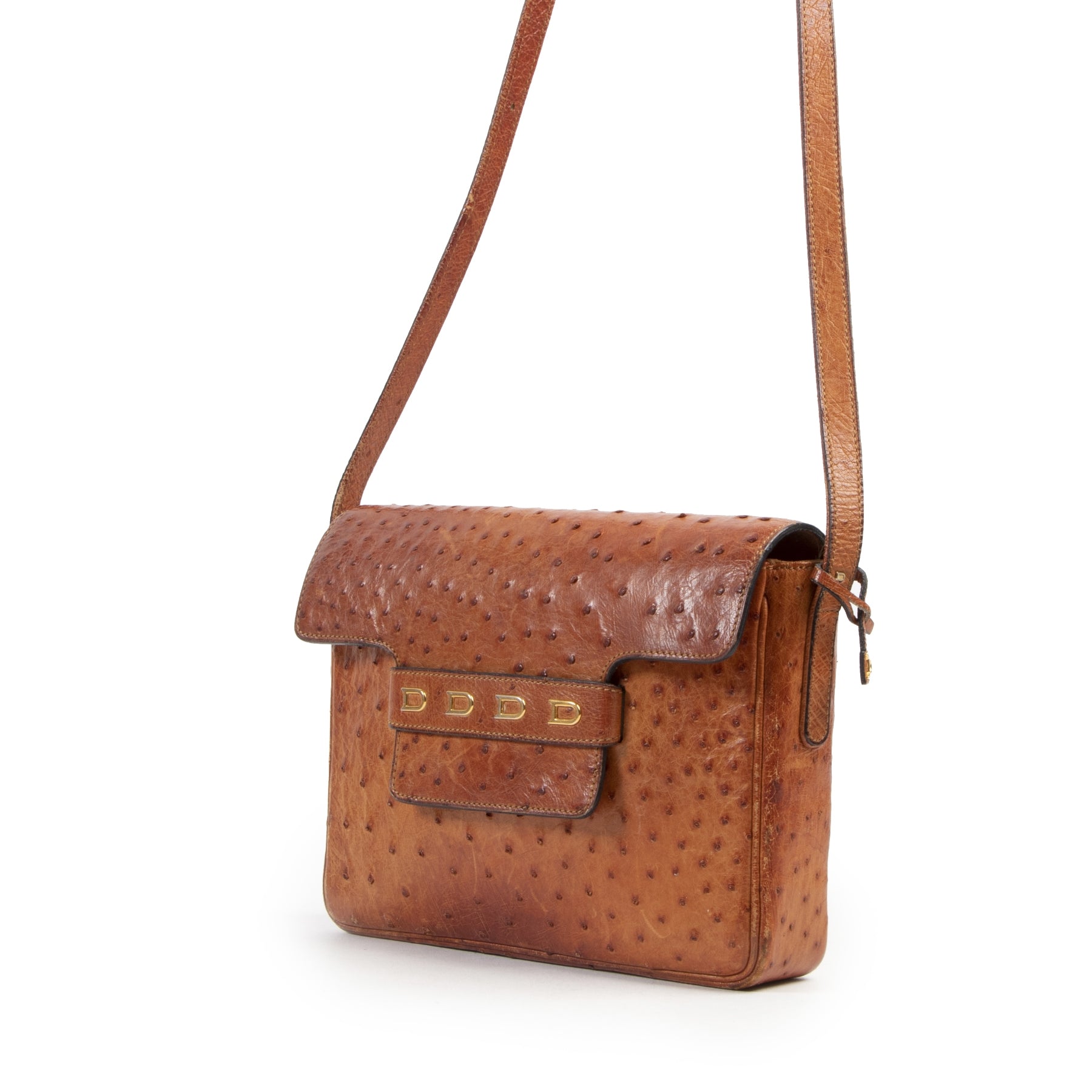 Authentieke Tweedehands Delvaux Cognac Ostrich Leather Crossbody Bag juiste prijs veilig online shoppen luxe merken webshop winkelen Antwerpen België mode fashion