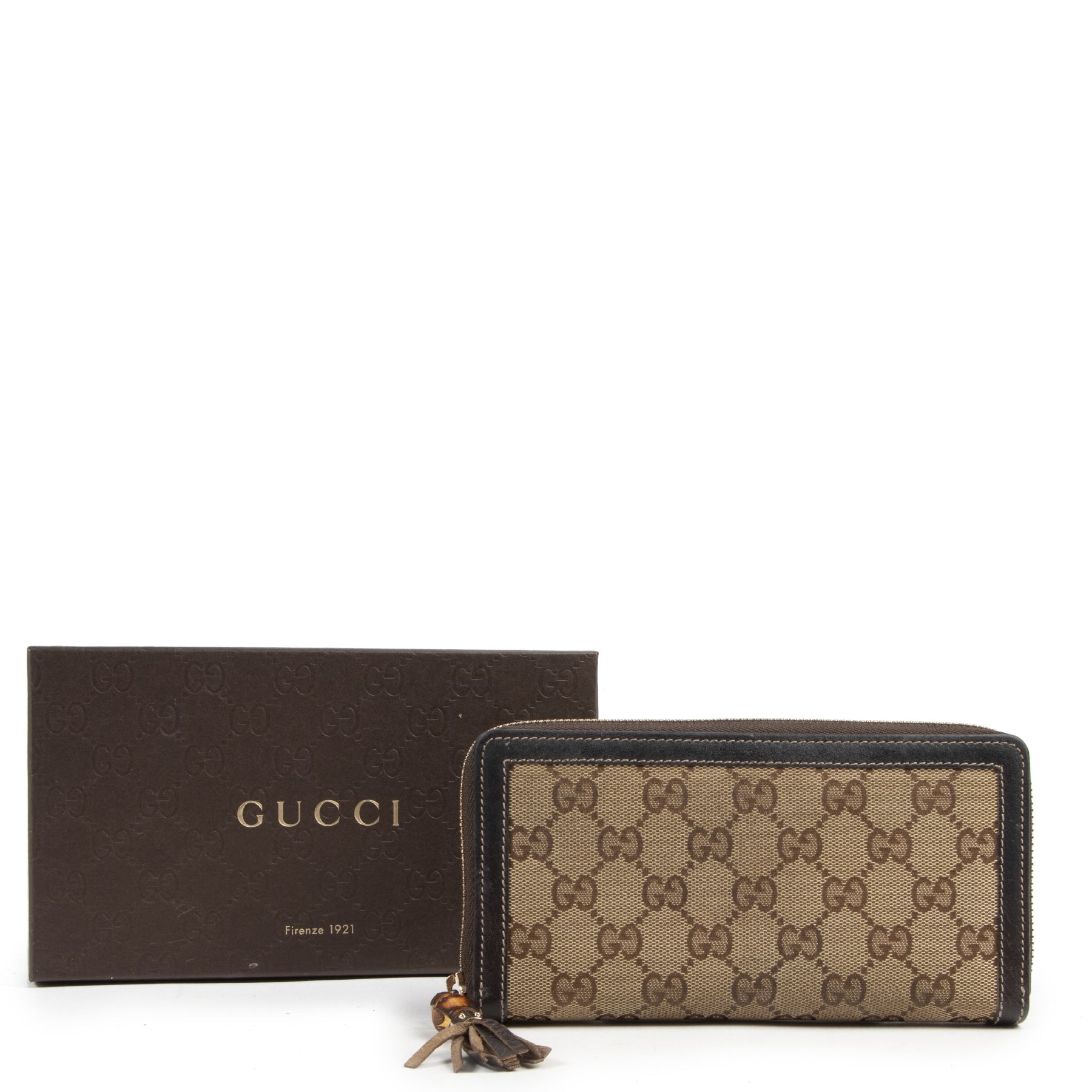 shop safe online Gucci Monogram Bamboo Tassel Zip Around Wallet