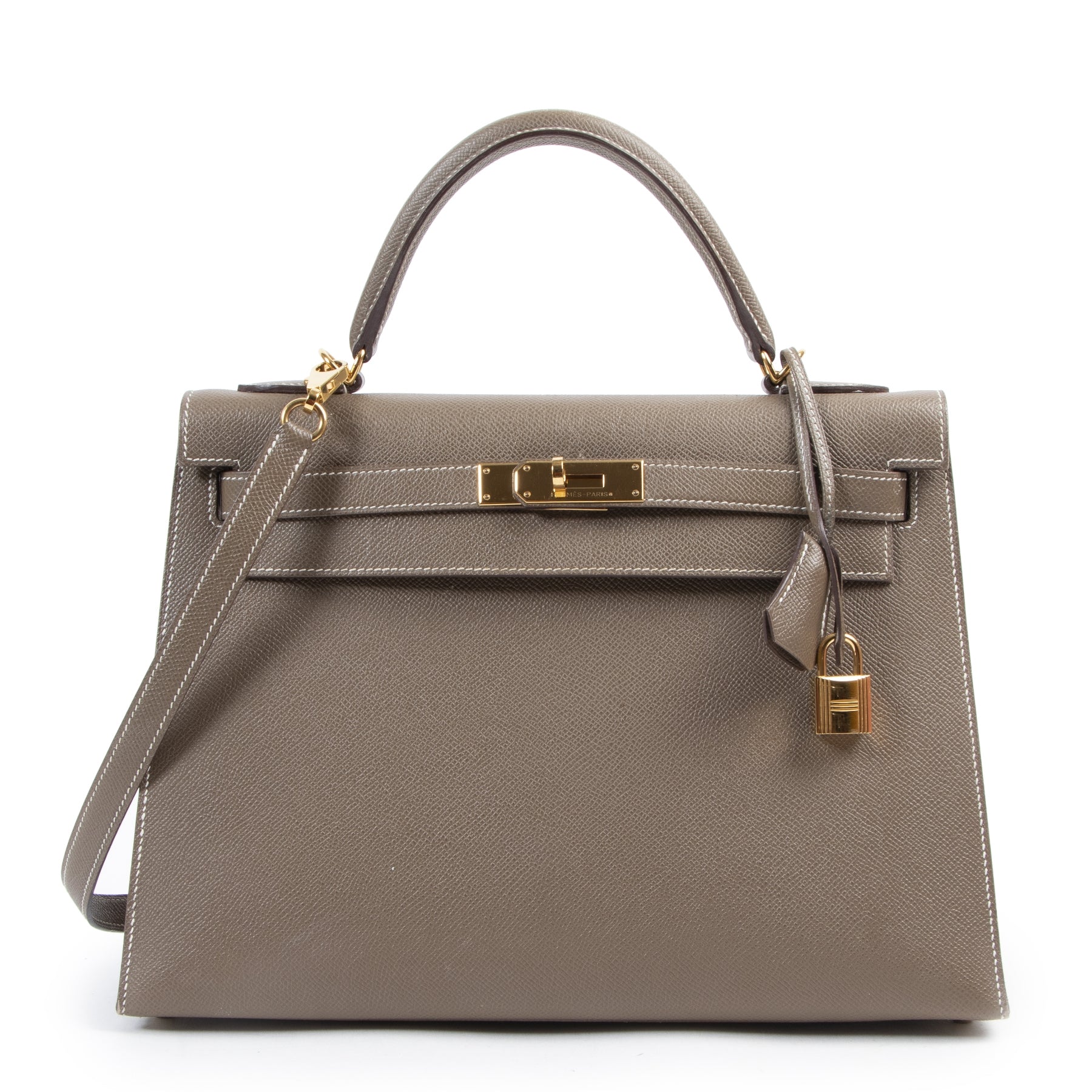 100% authentique Hermès Kelly Sellier 32 Veau Epsom Etoupe GHW pour le meilleur prix