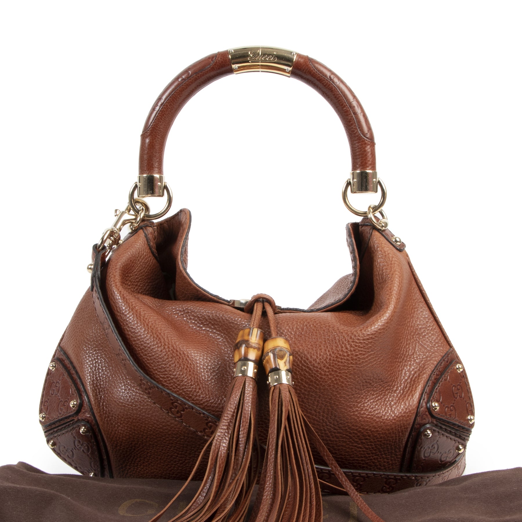 Authentic secondhand Gucci Brown Leather Babouska Indy Bag designer bags fashion luxury vintage webshop safe secure online shopping