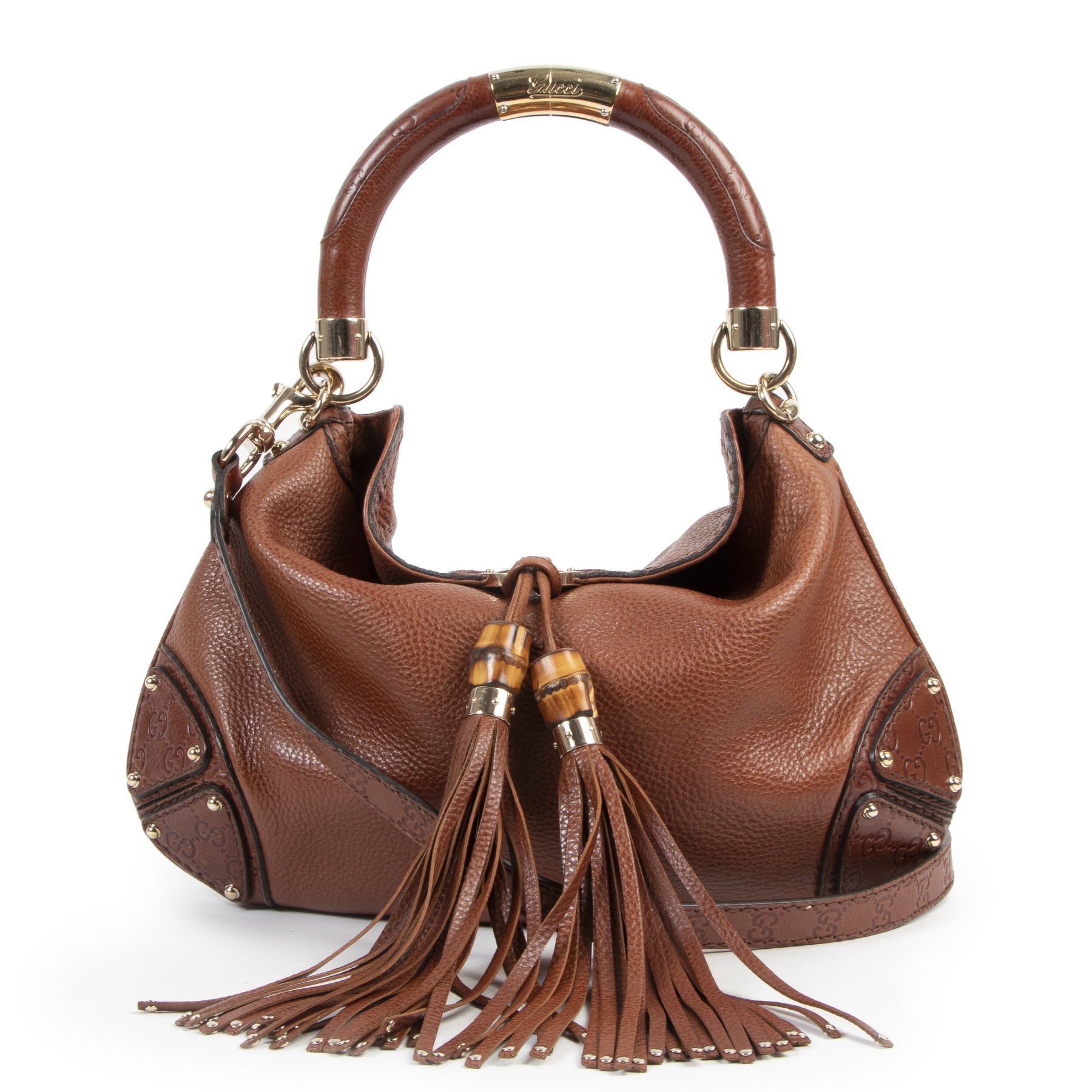 Authentieke Tweedehands Gucci Brown Leather Babouska Indy Bag juiste prijs veilig online shoppen luxe merken webshop winkelen Antwerpen België mode fashion