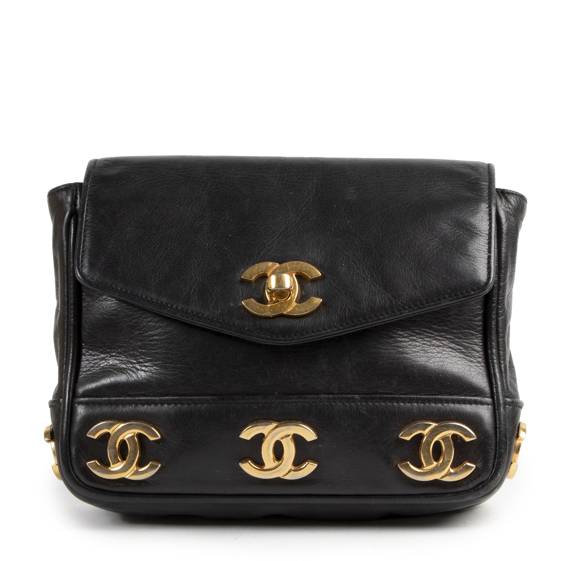 Authentieke Tweedehands Chanel Black Leather CC Belt Bag juiste prijs veilig online shoppen luxe merken webshop winkelen Antwerpen België mode fashion