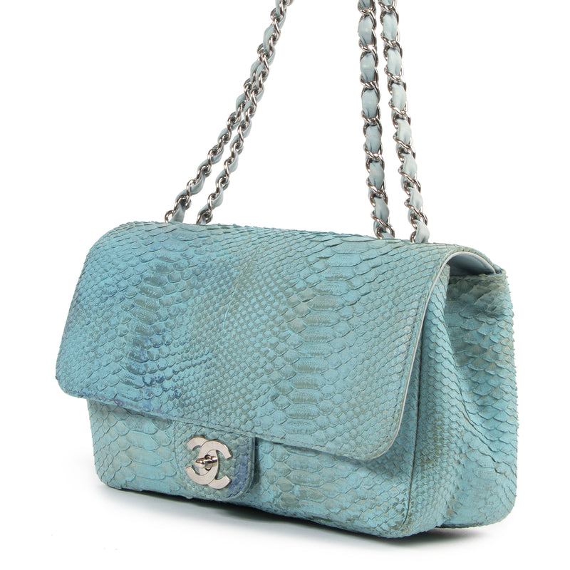 Authentic secondhand Chanel Turquois Blue Python Classic Jumbo Flap Bag designer bags fashion luxury vintage webshop safe secure online shopping
