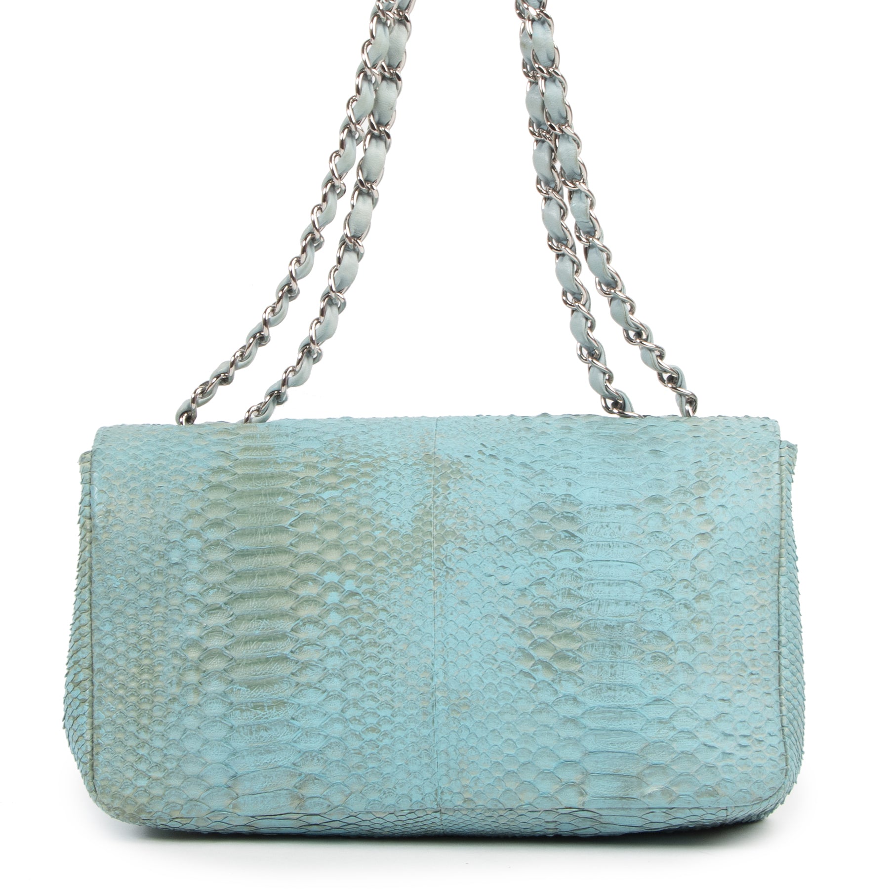 Authentieke Tweedehands Chanel Turquois Blue Python Classic Jumbo Flap Bag juiste prijs veilig online shoppen luxe merken webshop winkelen Antwerpen België mode fashion