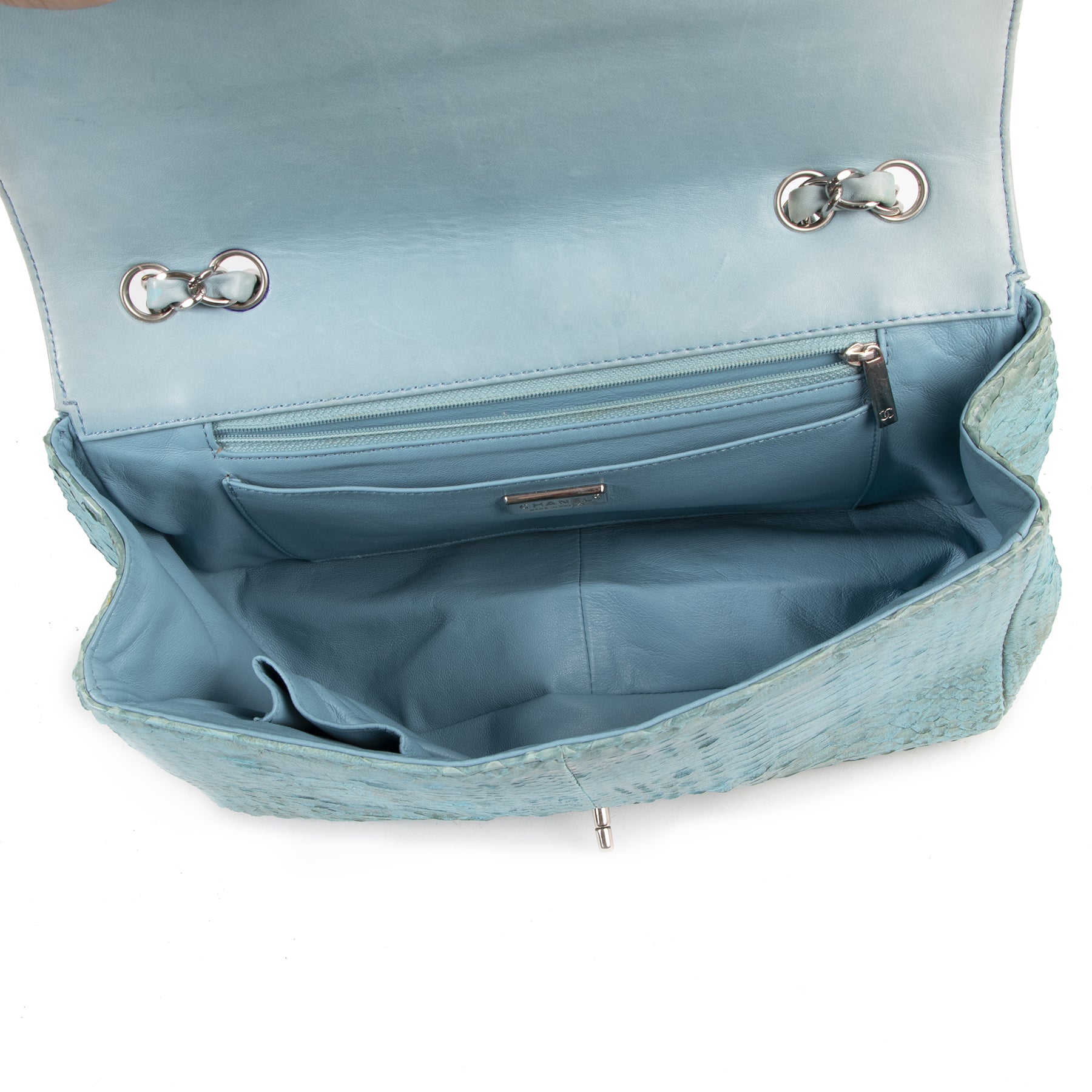 Authentic secondhand Chanel Turquois Blue Python Classic Jumbo Flap Bag designer bags fashion luxury vintage webshop safe secure online shopping