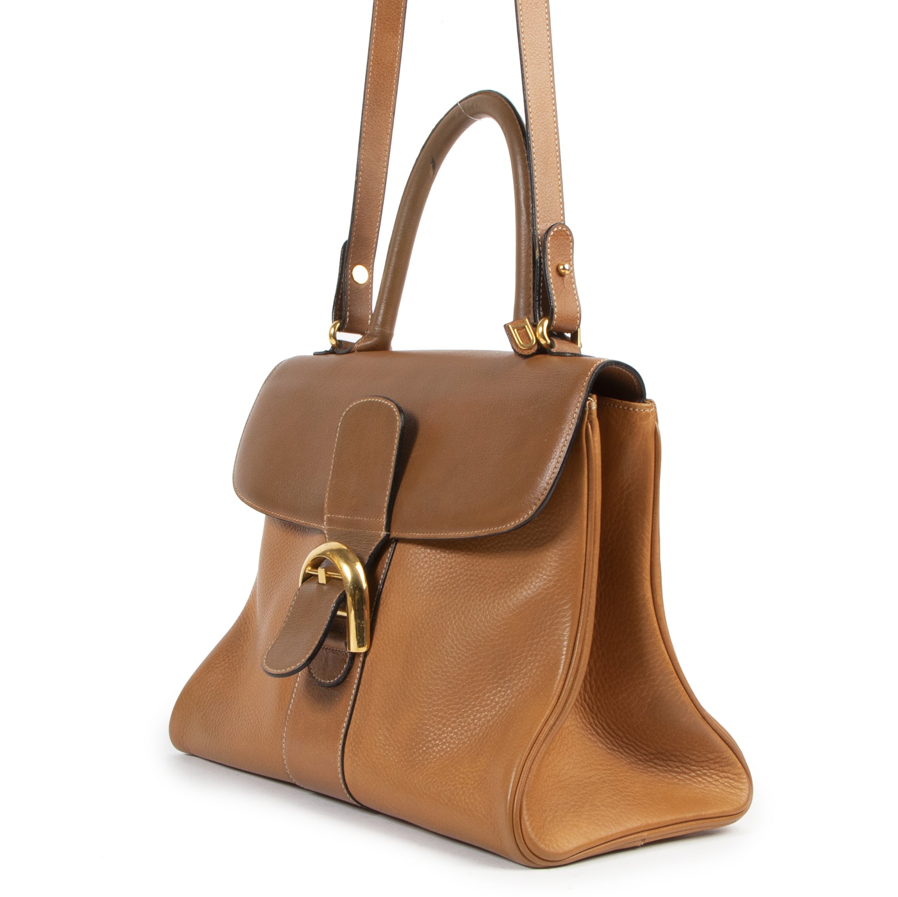 Authentieke Tweedehands Delvaux Cognac Brillant MM Bag + Strap juiste prijs veilig online shoppen luxe merken webshop winkelen Antwerpen België mode fashion