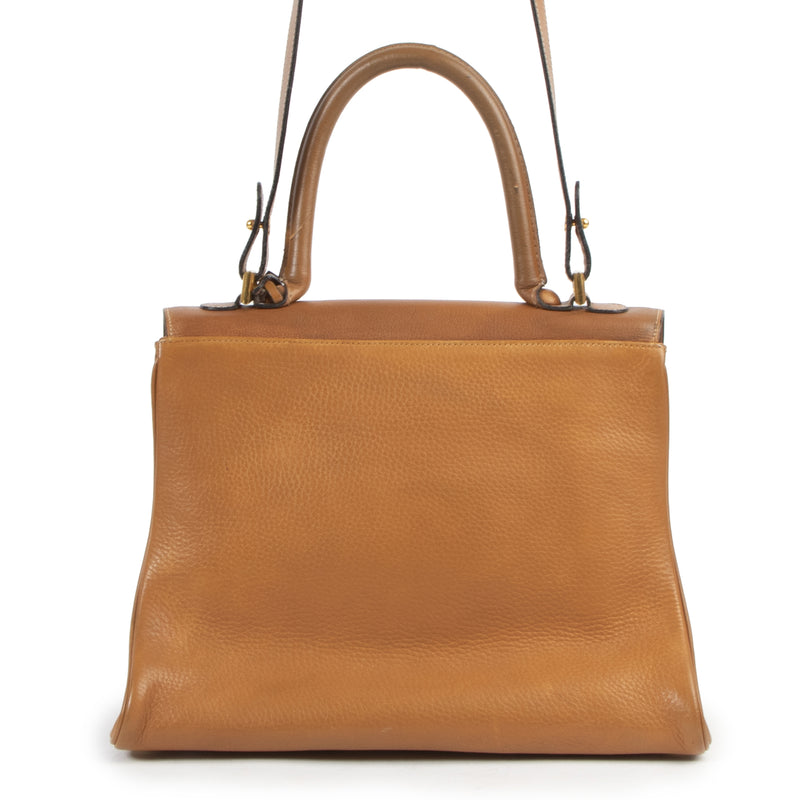 Authentieke Tweedehands Delvaux Cognac Brillant MM Bag + Strap juiste prijs veilig online shoppen luxe merken webshop winkelen Antwerpen België mode fashion