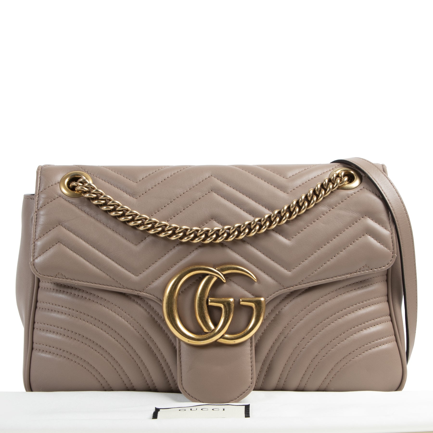 Authentieke Tweedehands Gucci Taupe Matelassé GG Marmont Shoulder Bag juiste prijs veilig online shoppen luxe merken webshop winkelen Antwerpen België mode fashion