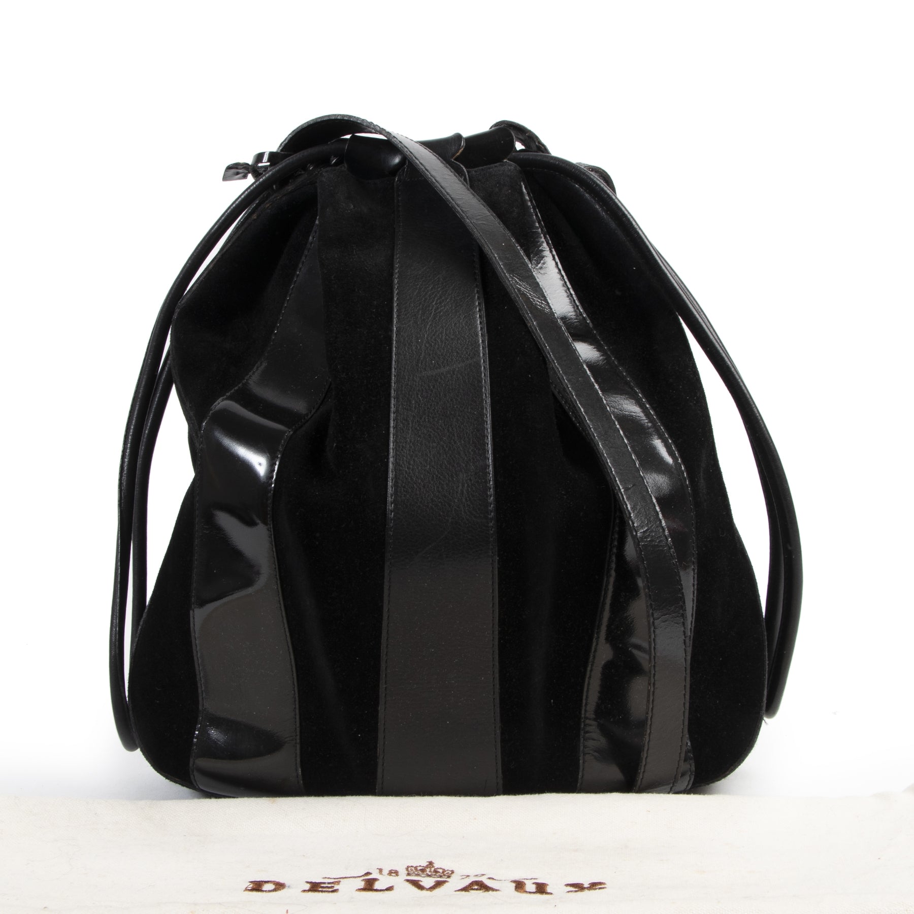Buy and sell your authentic designer Delvaux Black Suede and Patent Drawstring Bag
