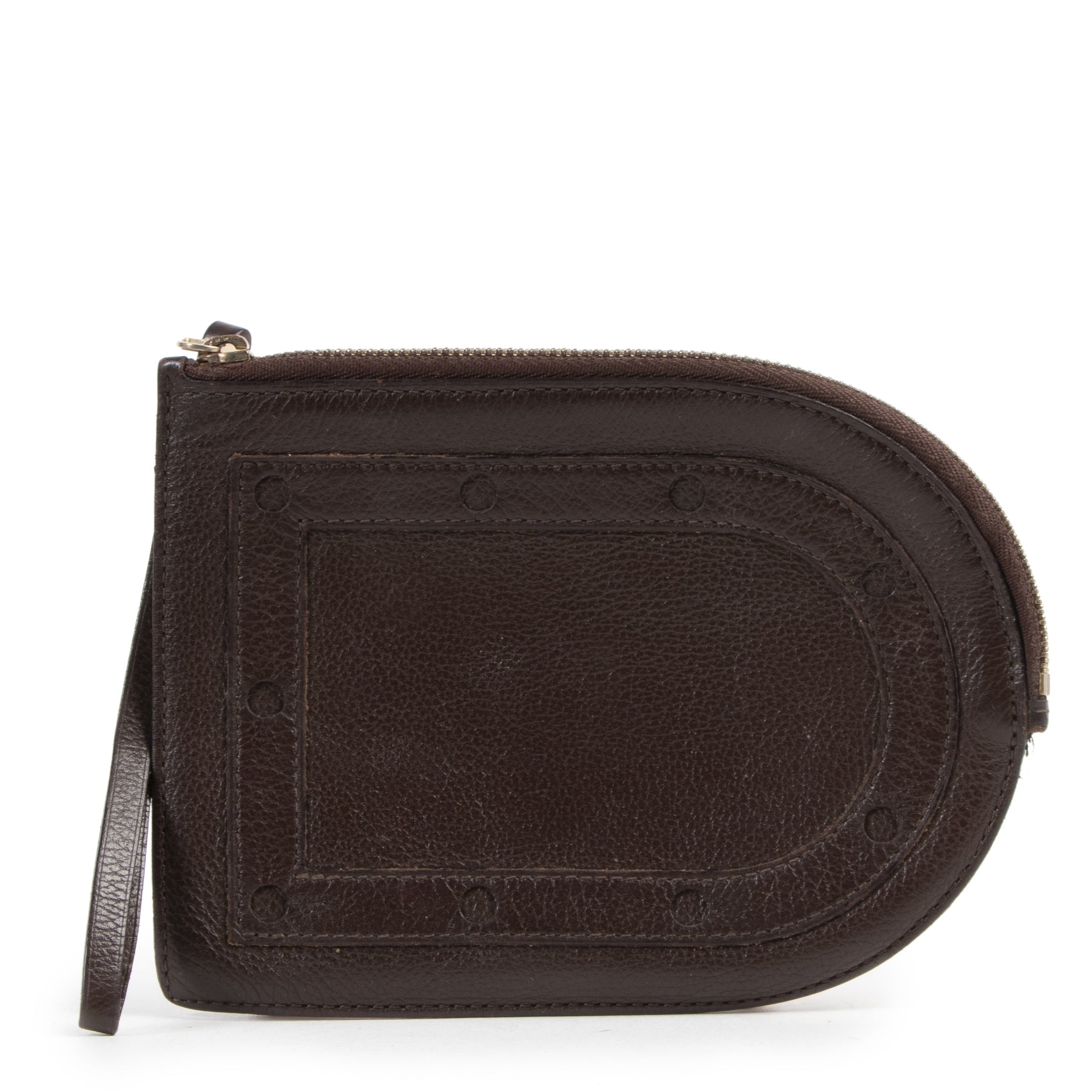 Authentieke Tweedehands Delvaux Dark Brown Leather Zipper Pouch juiste prijs veilig online shoppen luxe merken webshop winkelen Antwerpen België mode fashion