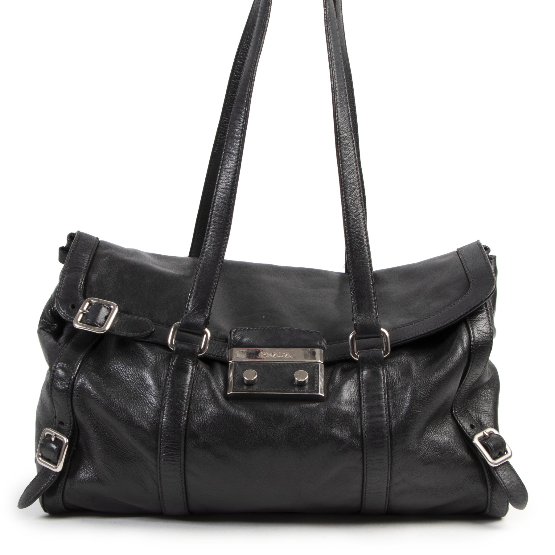 Authentieke Tweedehands Prada Black Leather Shoulder Bag juiste prijs veilig online shoppen luxe merken webshop winkelen Antwerpen België mode fashion