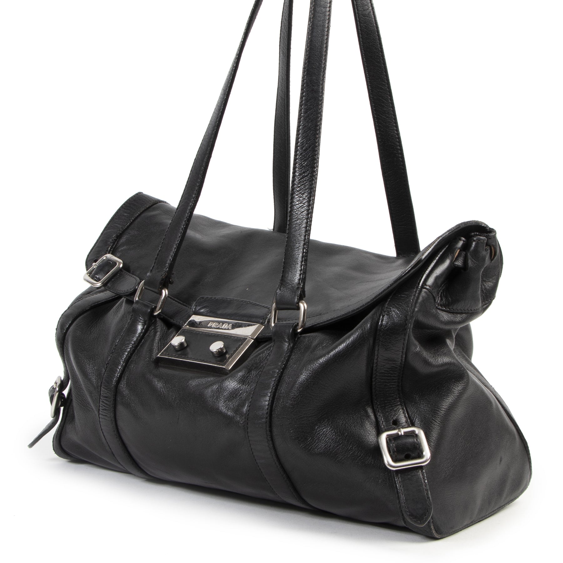 Authentieke Tweedehands Prada Black Leather Shoulder Bag juiste prijs veilig online shoppen luxe merken webshop winkelen Antwerpen België mode fashion