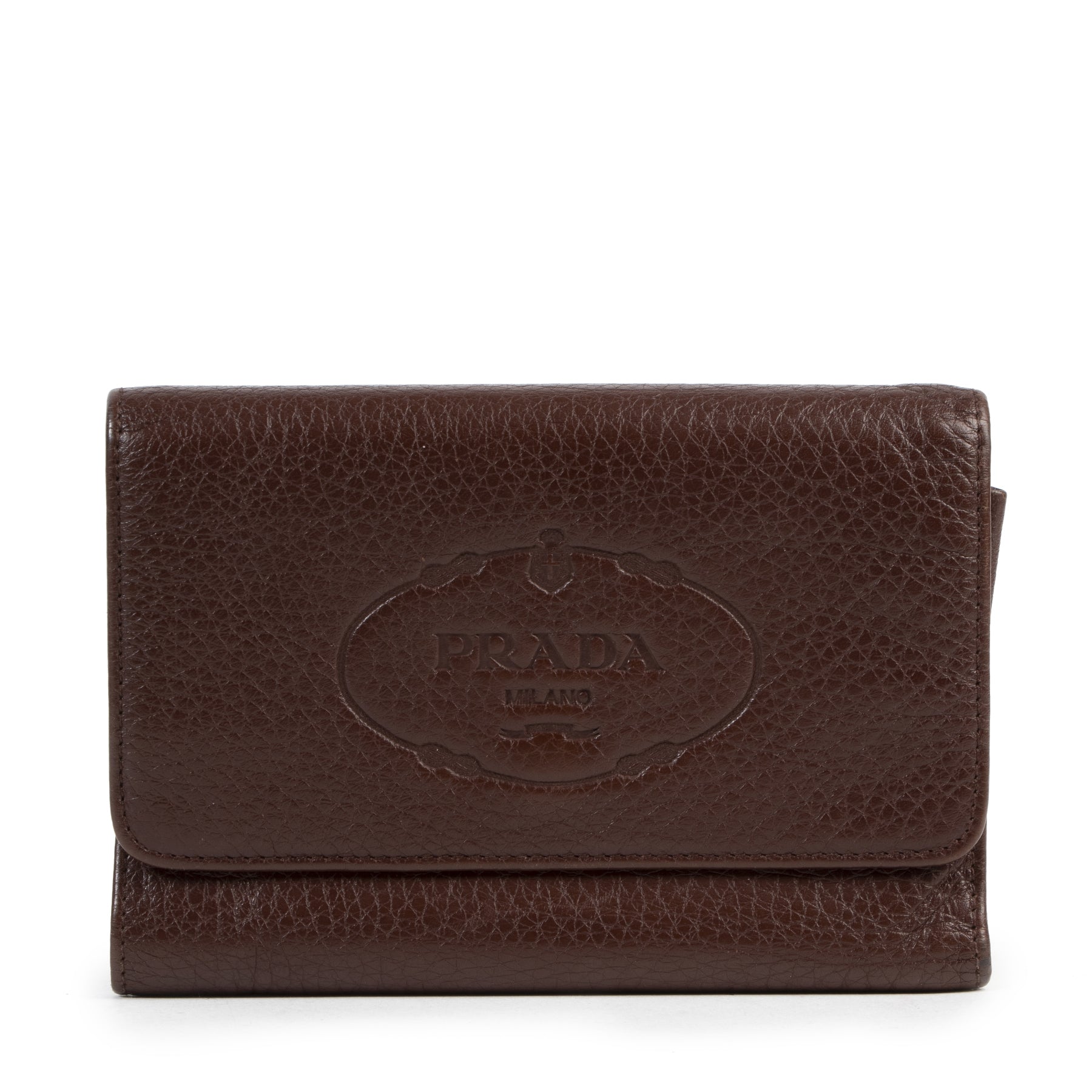 Authentieke Tweedehands Prada Brown Leather Logo Wallet juiste prijs veilig online shoppen luxe merken webshop winkelen Antwerpen België mode fashion