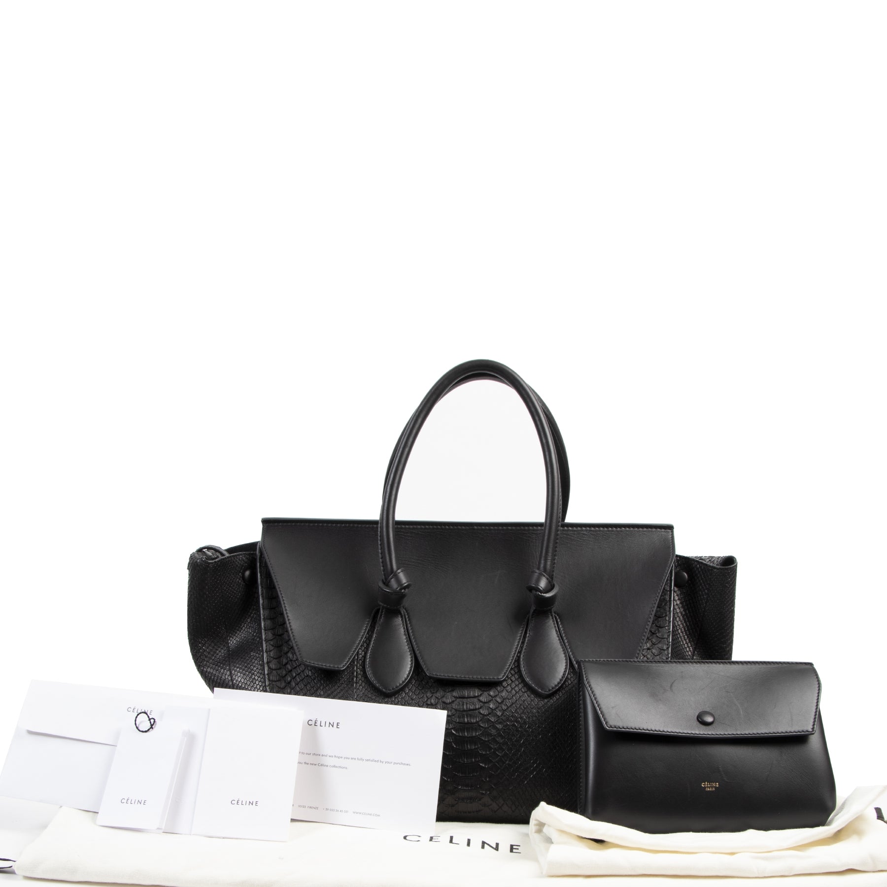 koop veilig online tegen de beste prijs Celine Tie Knot Medium Black Python Tote