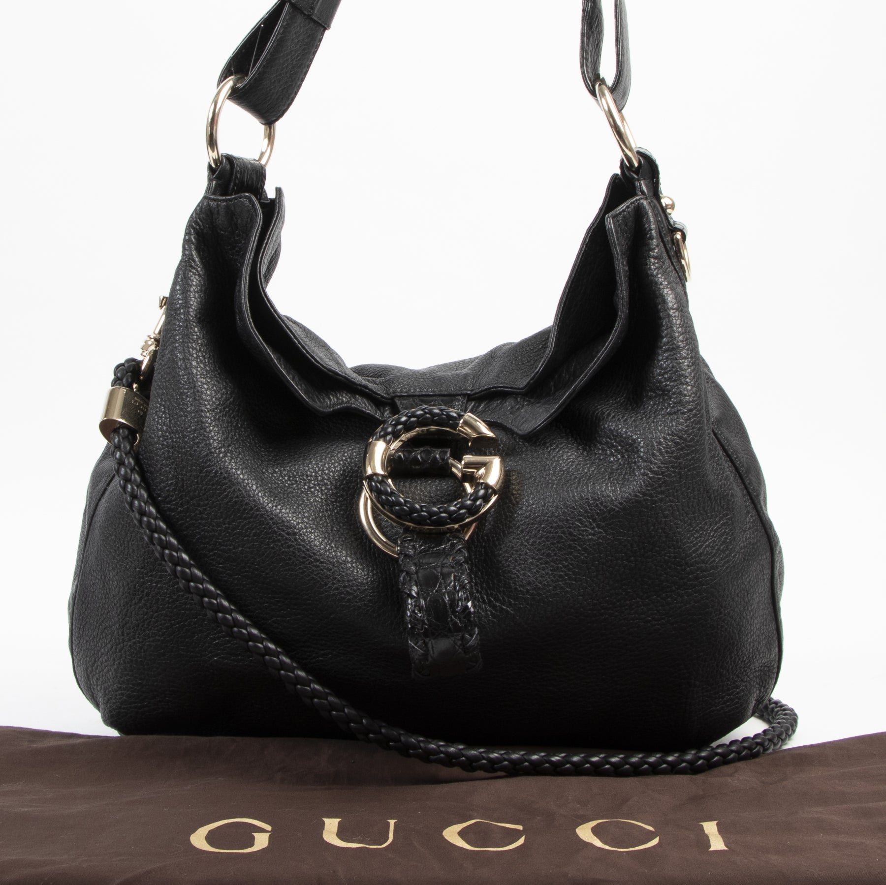 Gucci Black Leather Braided Hobo Bag with Croc Details kopen en verkopen aan de beste prijs