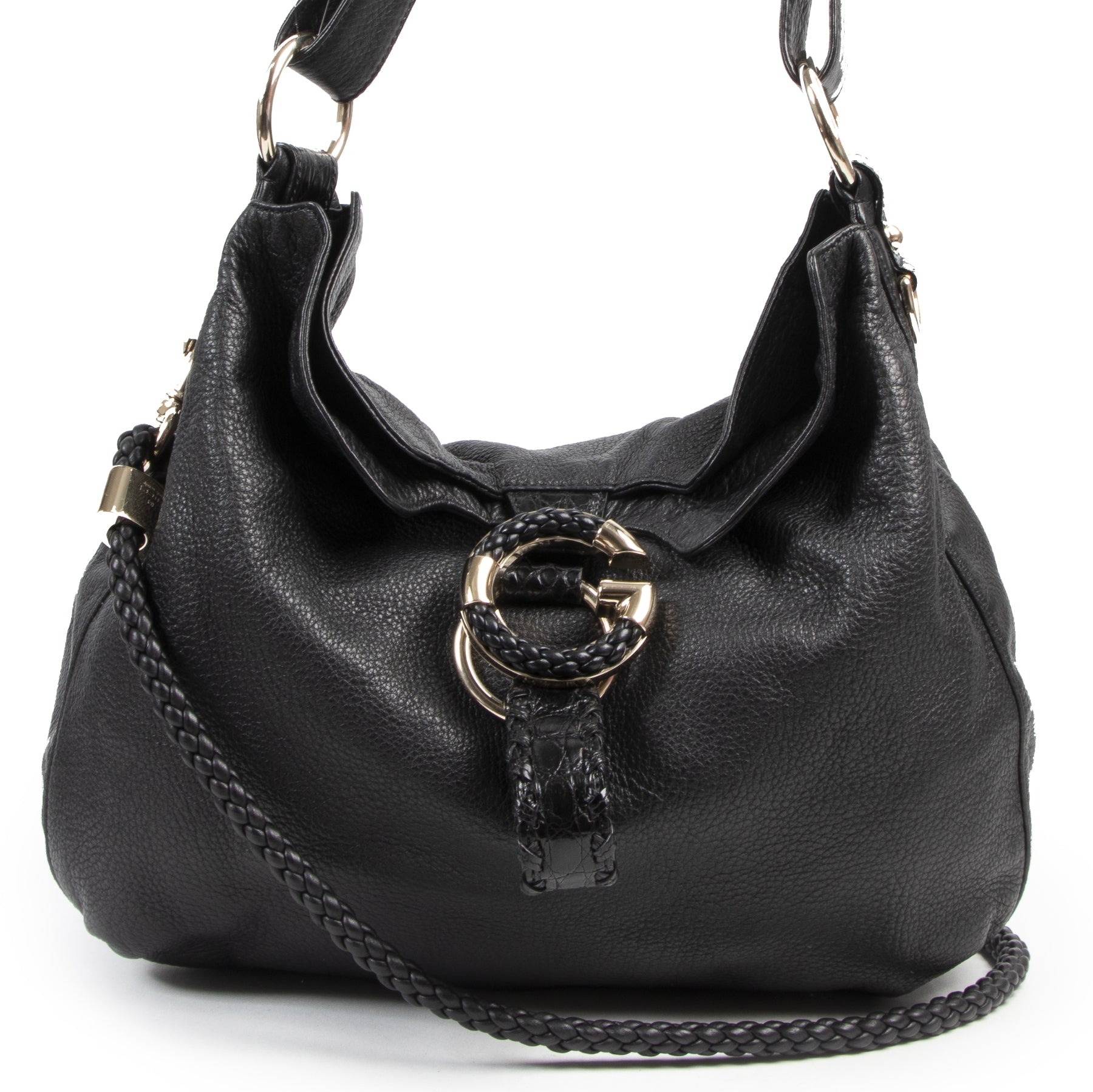 Gucci Black Leather Braided Hobo Bag with Croc Details