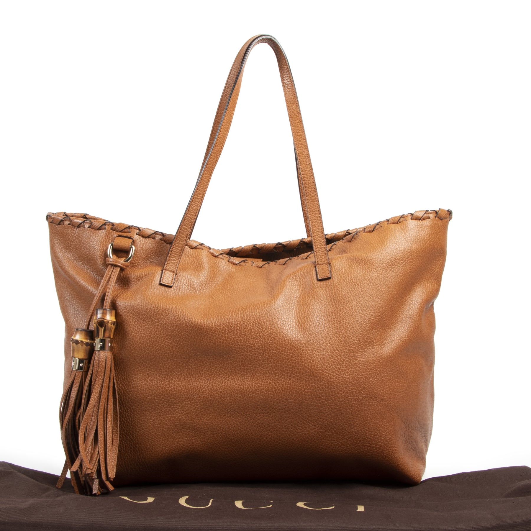 koop veilig online Gucci Cognac Pebbled Leather Bamboo Tassel Tote Bag