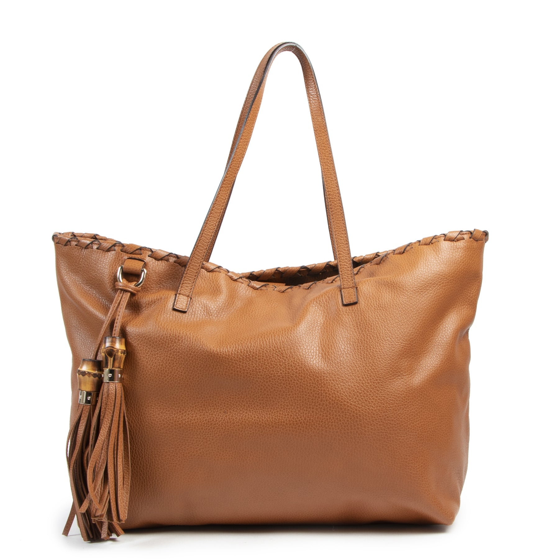 acheter en ligne seconde main Gucci Cognac Pebbled Leather Bamboo Tassel Tote Bag