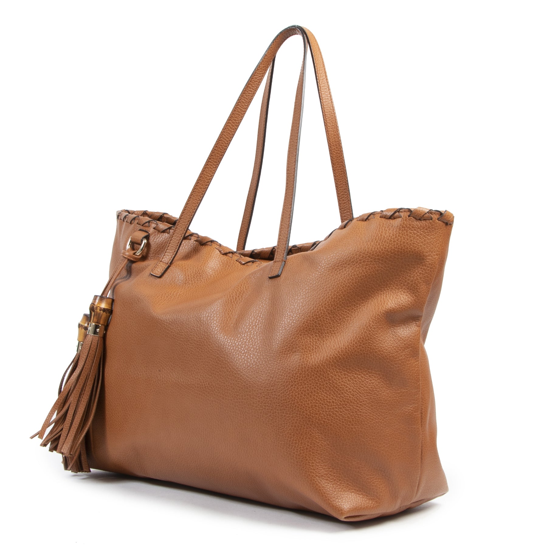 Gucci Cognac Pebbled Leather Bamboo Tassel Tote Bag
