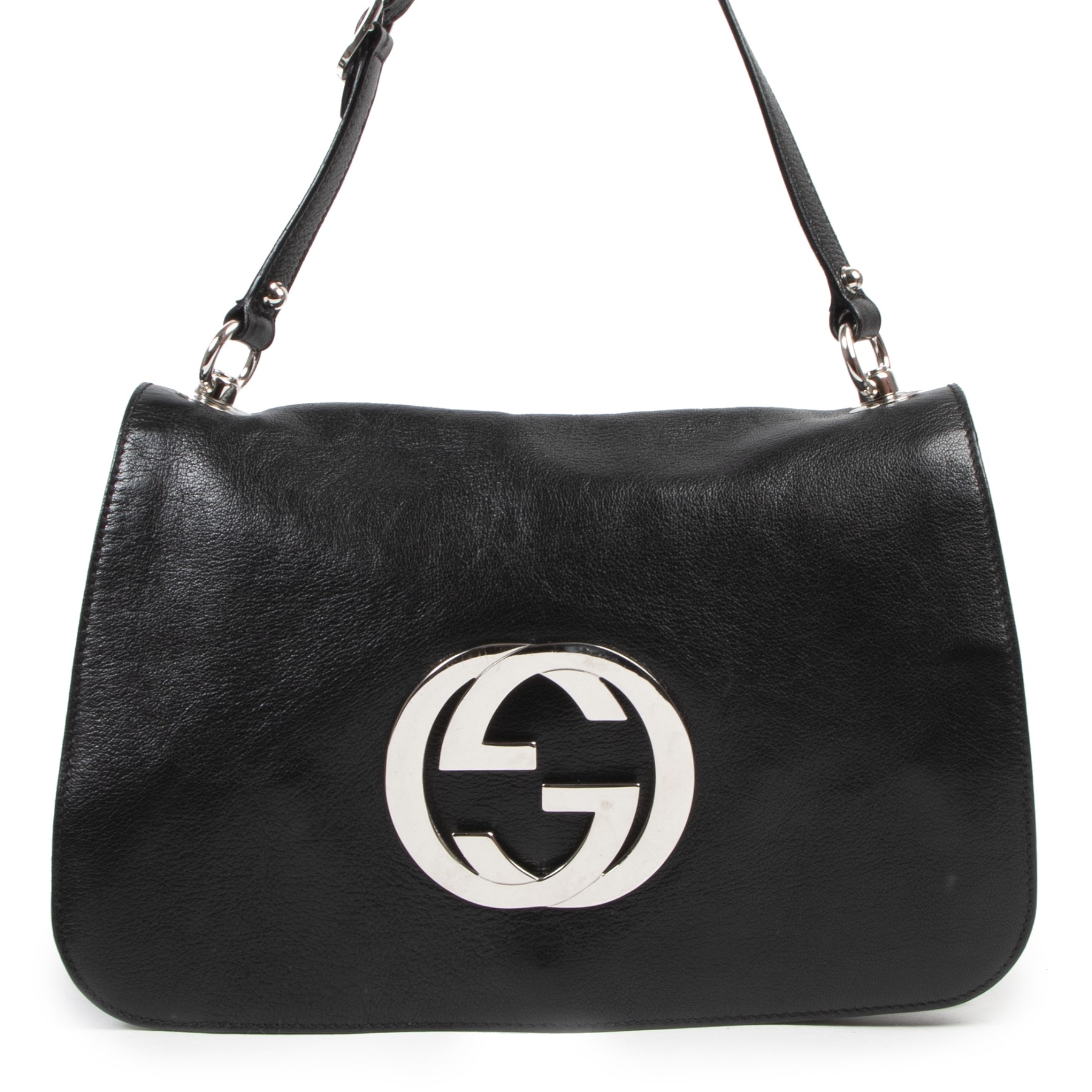 Authentieke Tweedehands Gucci Black Leather GG Flap Shoulder Bag juiste prijs veilig online shoppen luxe merken webshop winkelen Antwerpen België mode fashion