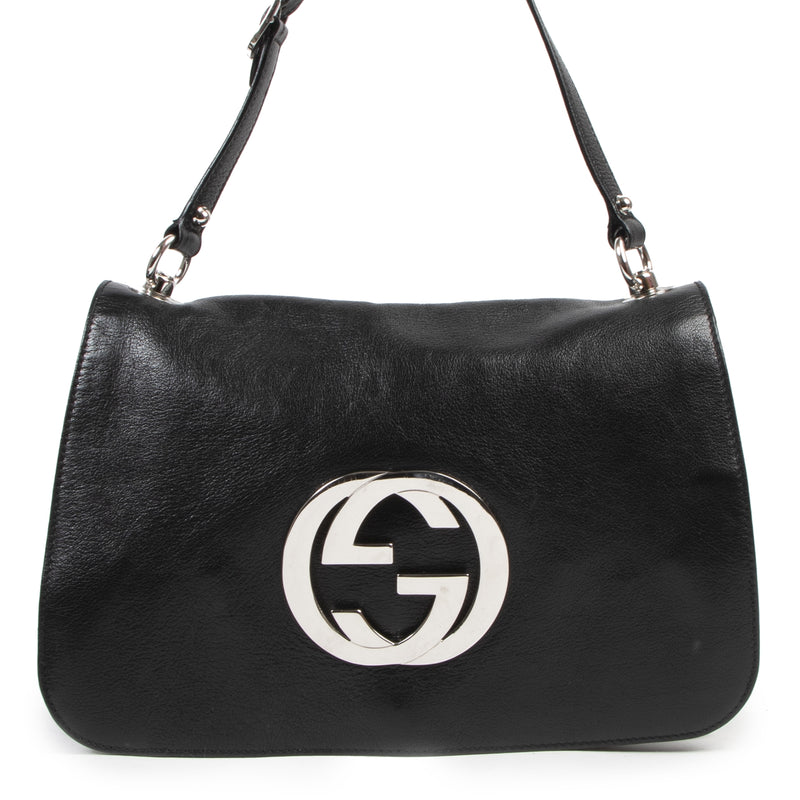 Authentieke Tweedehands Gucci Black Leather GG Flap Shoulder Bag juiste prijs veilig online shoppen luxe merken webshop winkelen Antwerpen België mode fashion