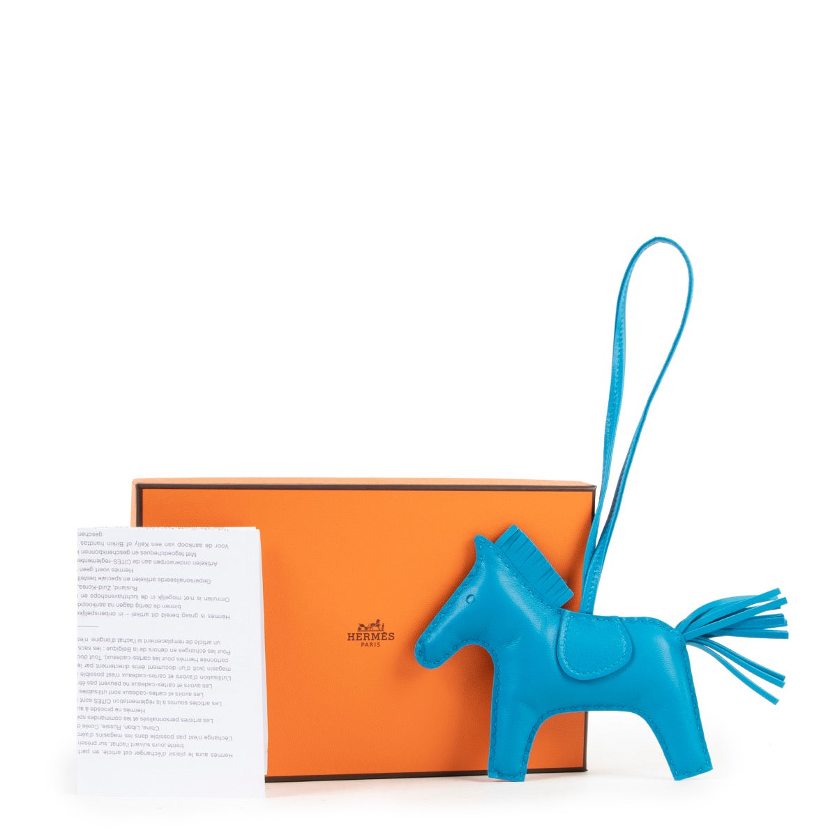 Veilig online kopen van authentieke Hermès blauw Zanzibar Rodeo Horse Bag Charm