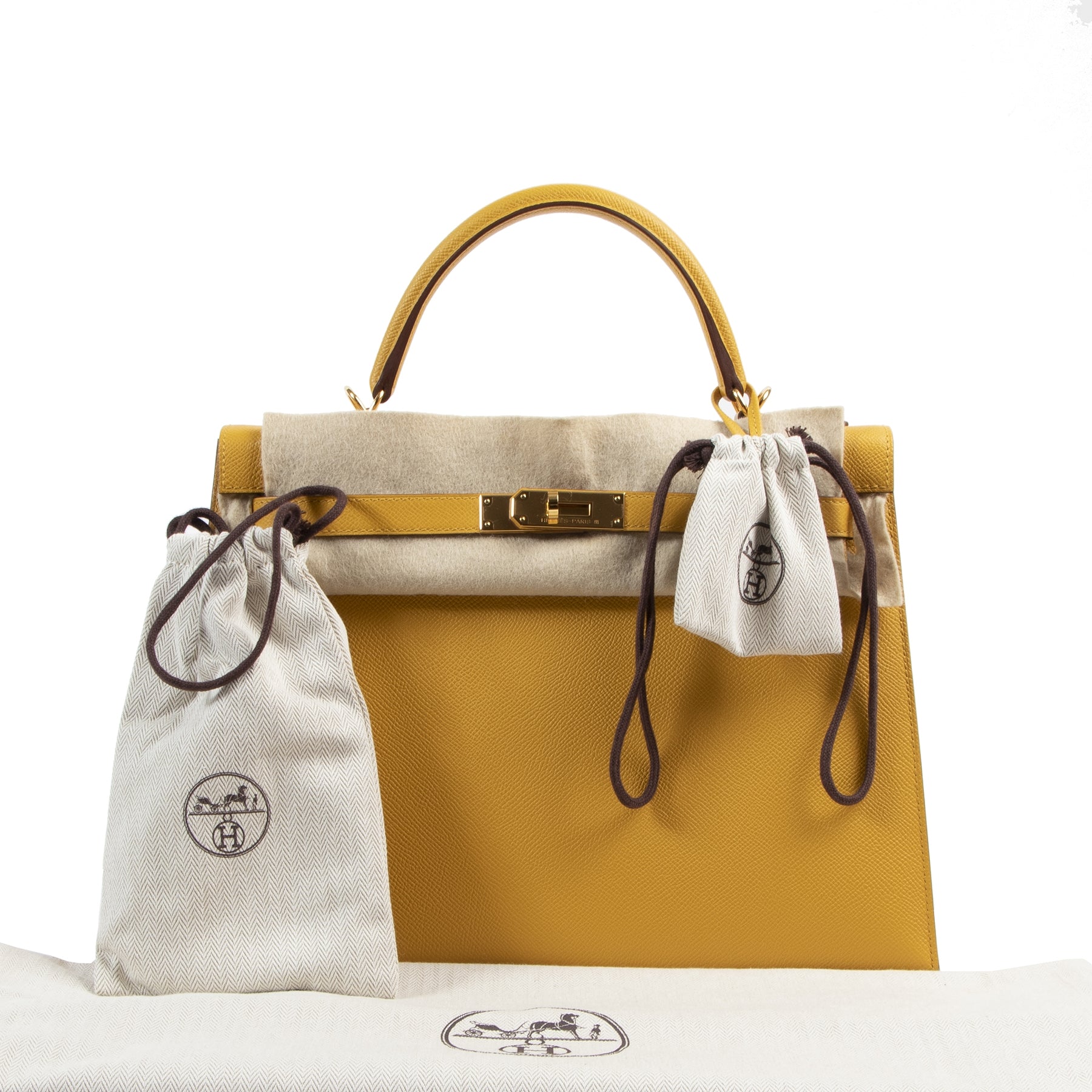 Koop en verkoop uw authentieke designer Hermès Kelly 32 Jaune Ambre Veau Epsom GHW