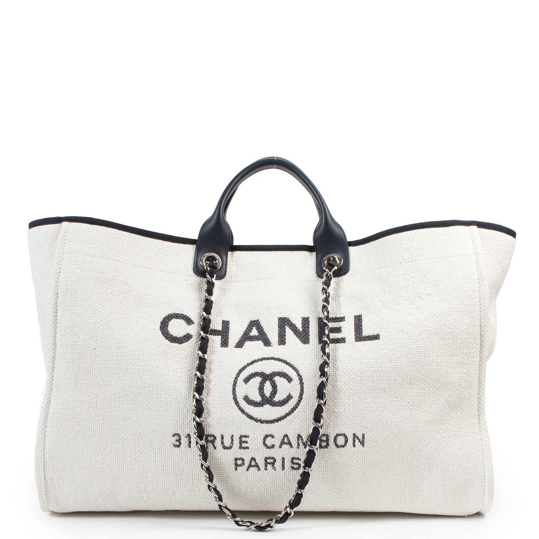 Authentic secondhand Chanel Deauville XL Canvas Tote Bag designer bags fashion luxury vintage webshop safe secure online shopping