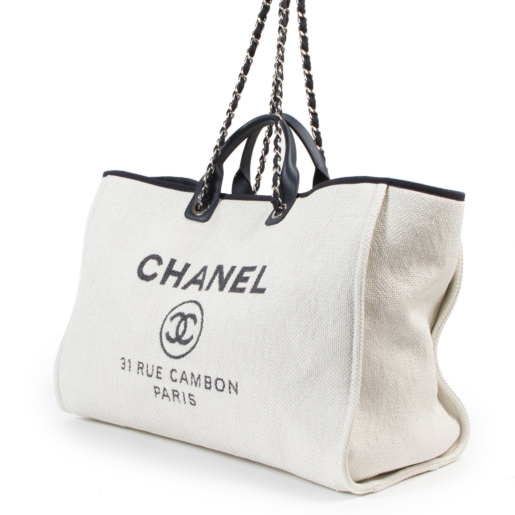 Authentieke Tweedehands Chanel Deauville XL Canvas Tote Bag juiste prijs veilig online shoppen luxe merken webshop winkelen Antwerpen België mode fashion