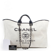 Authentieke Tweedehands Chanel Deauville XL Canvas Tote Bag juiste prijs veilig online shoppen luxe merken webshop winkelen Antwerpen België mode fashion