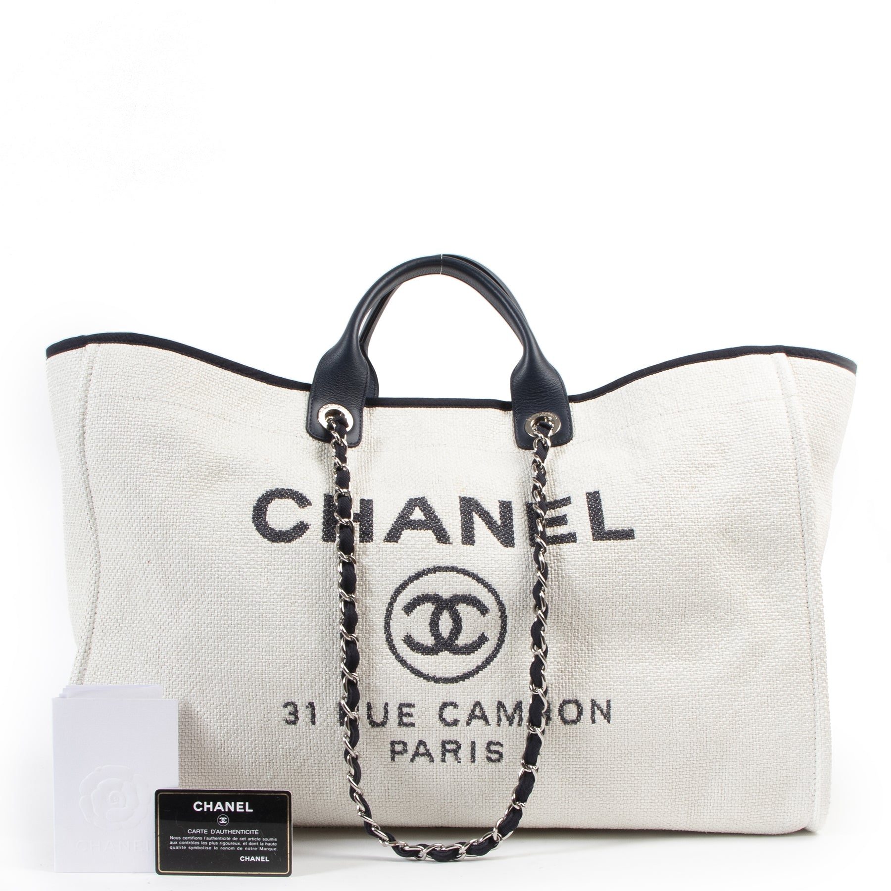 Authentieke Tweedehands Chanel Deauville XL Canvas Tote Bag juiste prijs veilig online shoppen luxe merken webshop winkelen Antwerpen België mode fashion