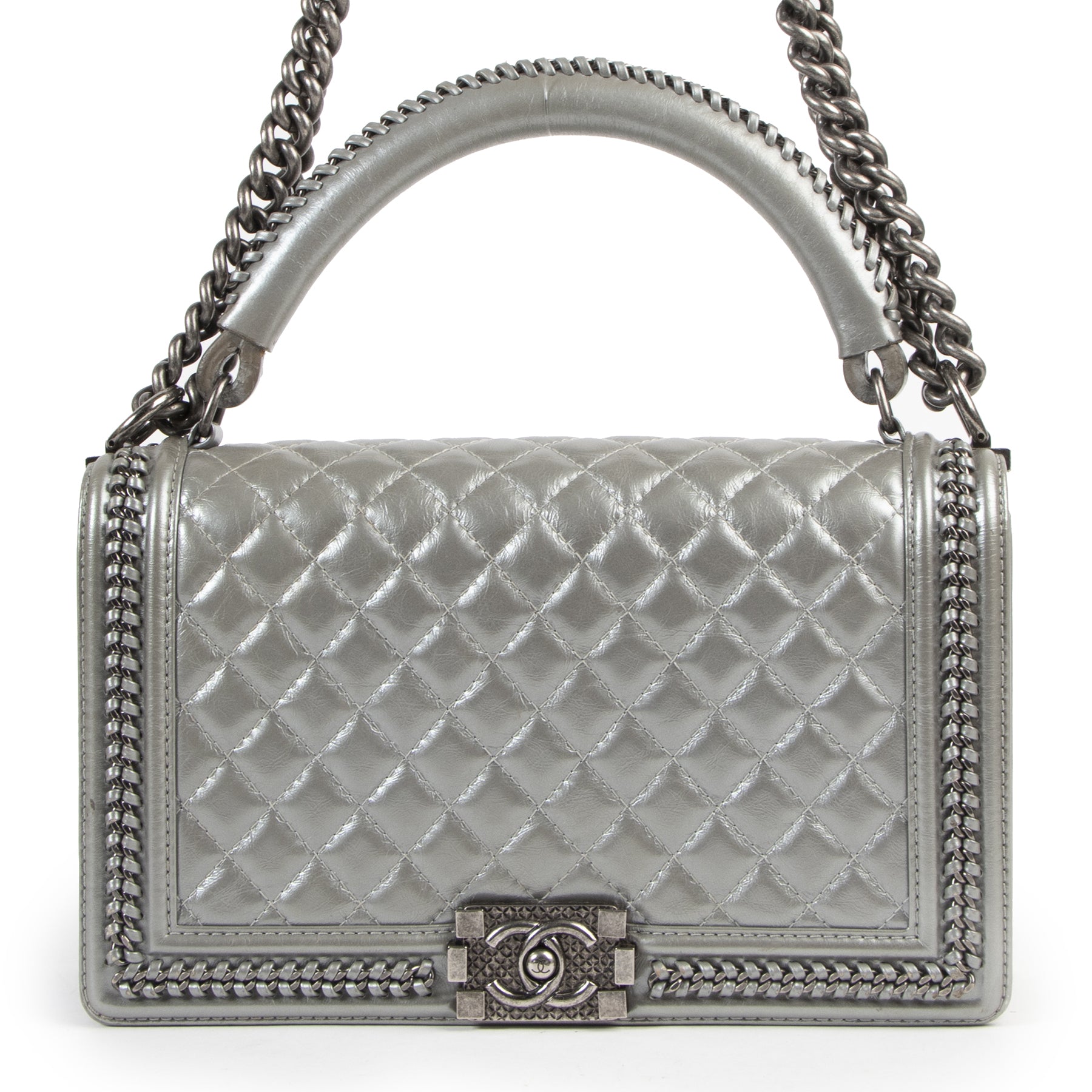 Authentieke Tweedehands Chanel Silver Quilted Boy Shoulder Bag juiste prijs veilig online shoppen luxe merken webshop winkelen Antwerpen België mode fashion