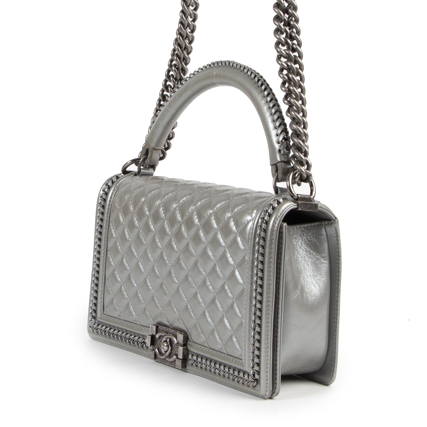 Authentic secondhand Chanel Silver Quilted Boy Shoulder Bag designer bags fashion luxury vintage webshop safe secure online shopping