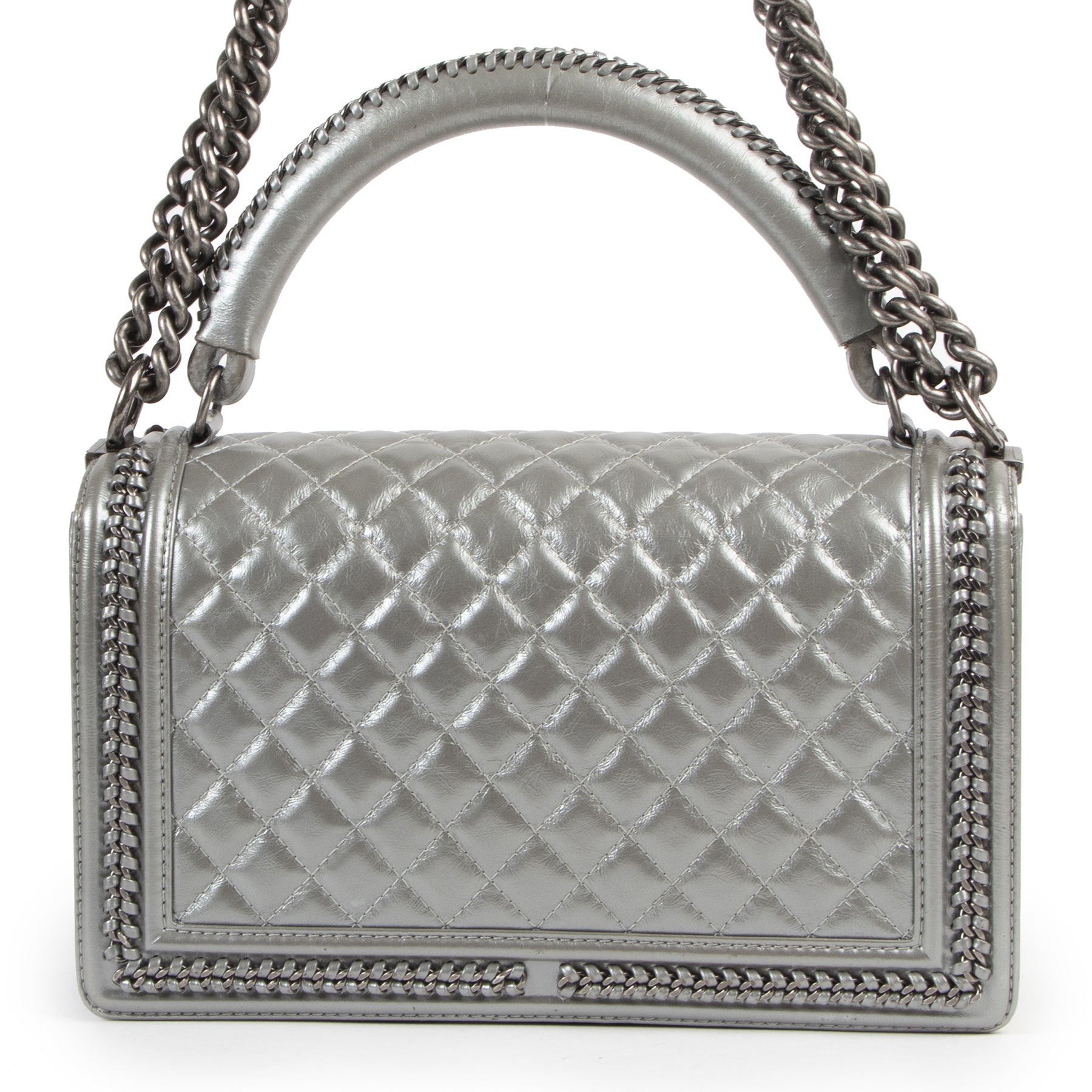 Authentieke Tweedehands Chanel Silver Quilted Boy Shoulder Bag juiste prijs veilig online shoppen luxe merken webshop winkelen Antwerpen België mode fashion