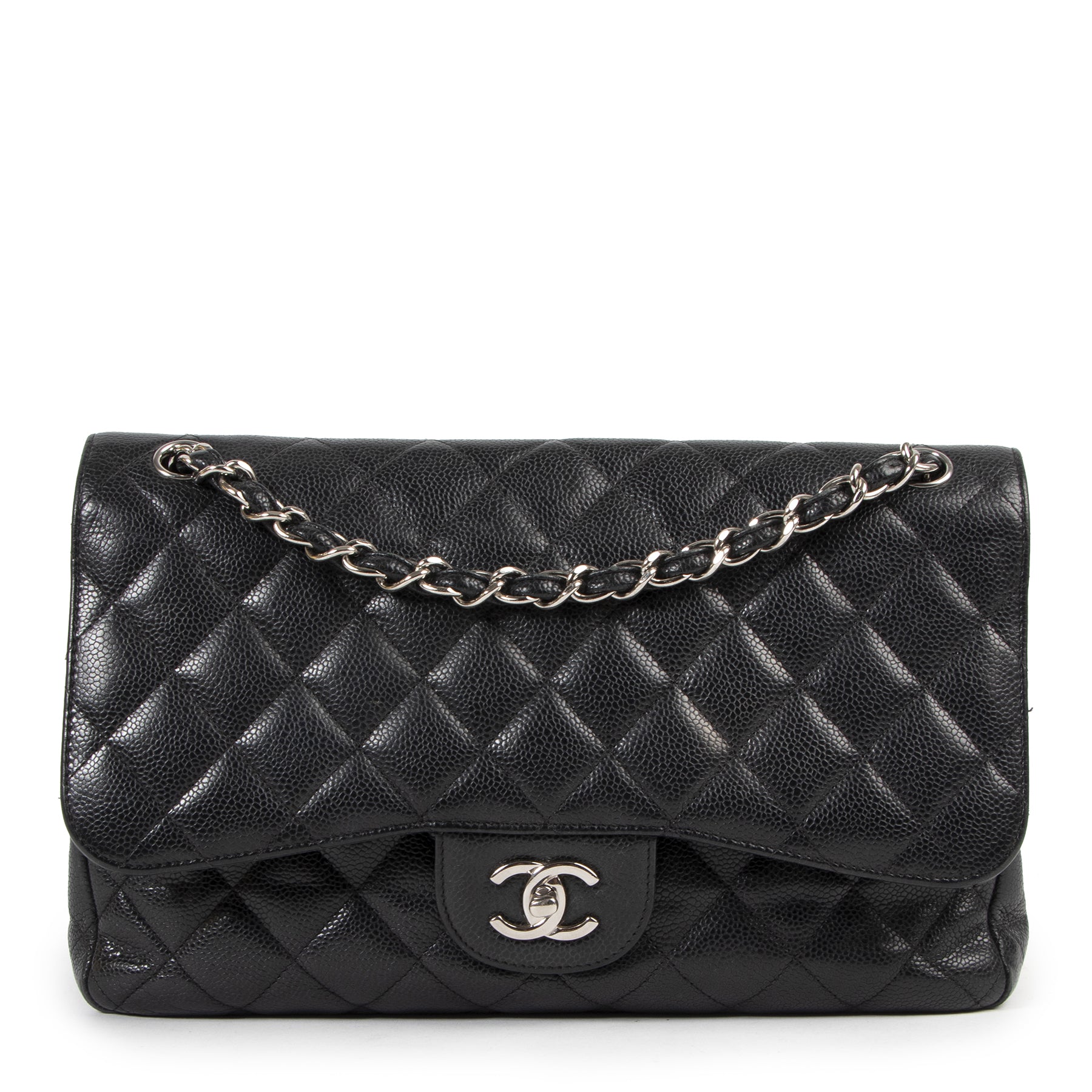 Chanel Jumbo Black Caviar Leather Classic Flap Bag PHW for the best price at Labellov