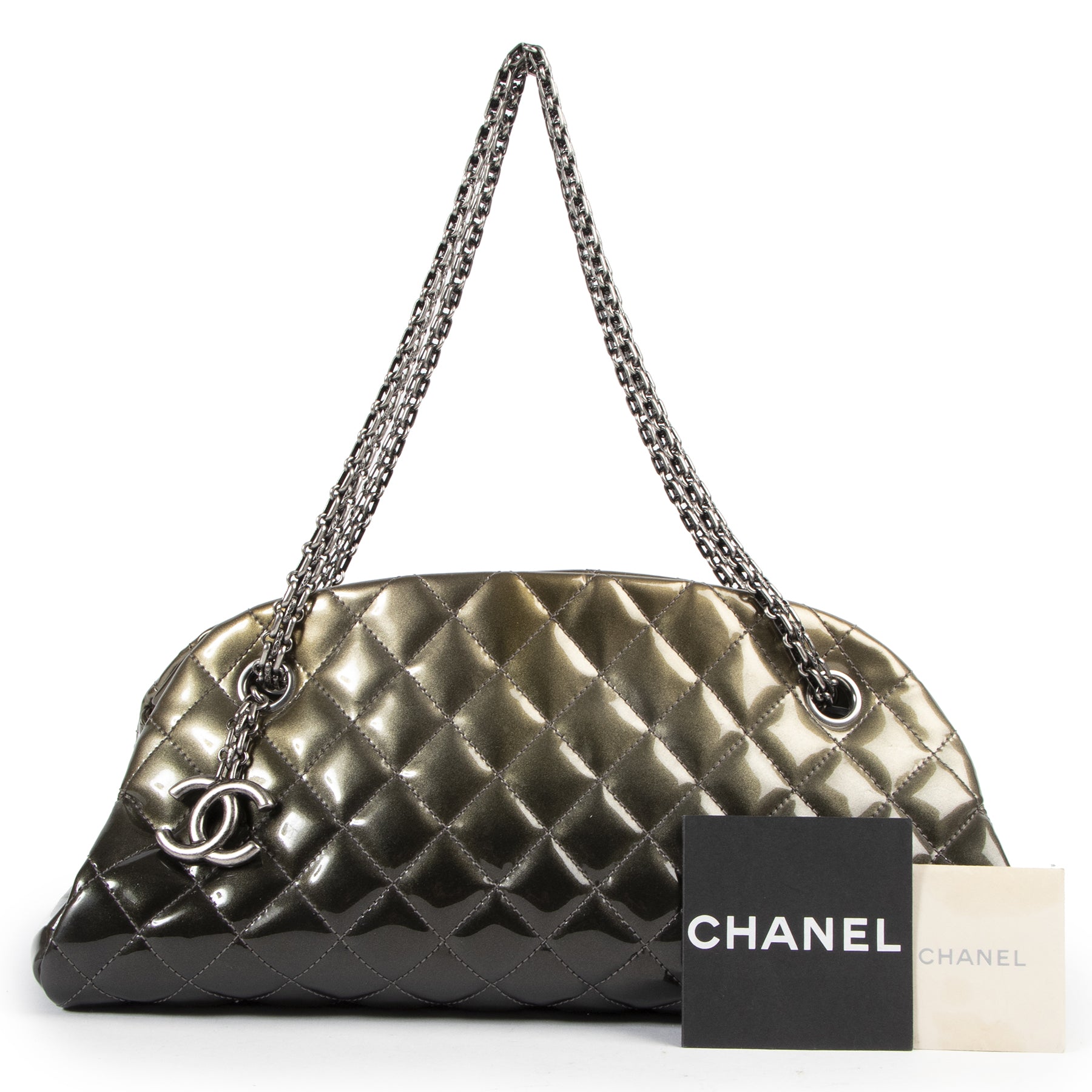Authentic secondhand Chanel Gold Quilted Patent Leather Mademoiselle Bag designer bags fashion luxury vintage webshop safe secure online shopping